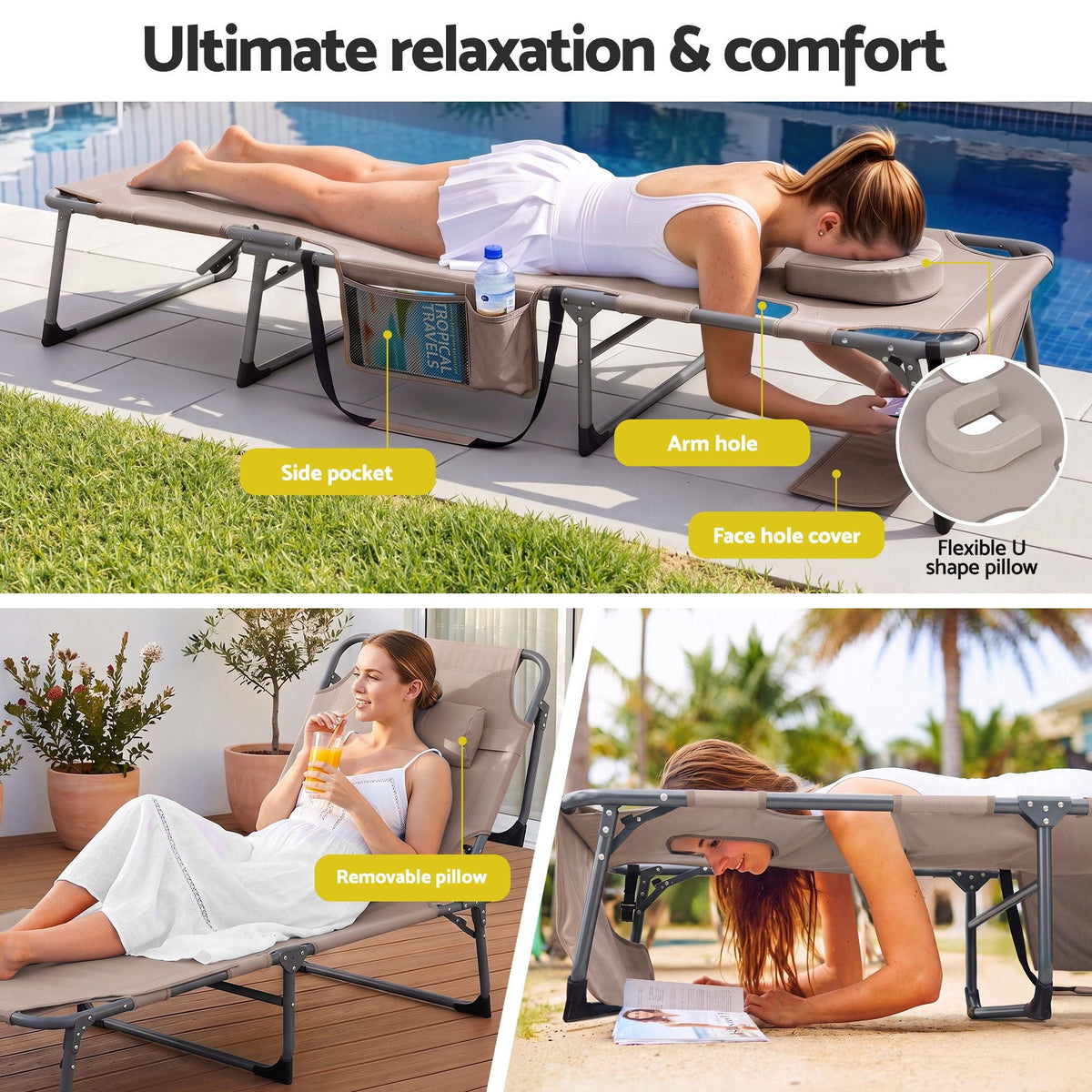 Sun Lounger 5-Position Folding Tanning Chair with Face Hole - Khaki - Furniture > Outdoor > Outdoor Chairs - Rivercity House & Home Co. (ABN 18 642 972 209) - Affordable Modern Furniture Australia