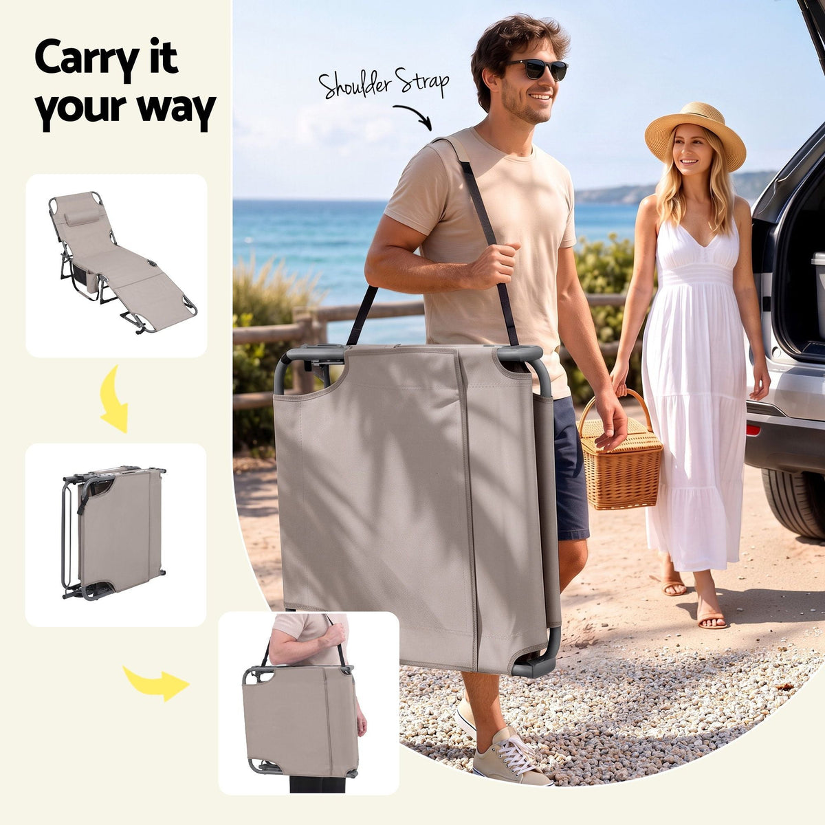 Sun Lounger 5-Position Folding Tanning Chair with Face Hole - Khaki - Furniture > Outdoor > Outdoor Chairs - Rivercity House & Home Co. (ABN 18 642 972 209) - Affordable Modern Furniture Australia