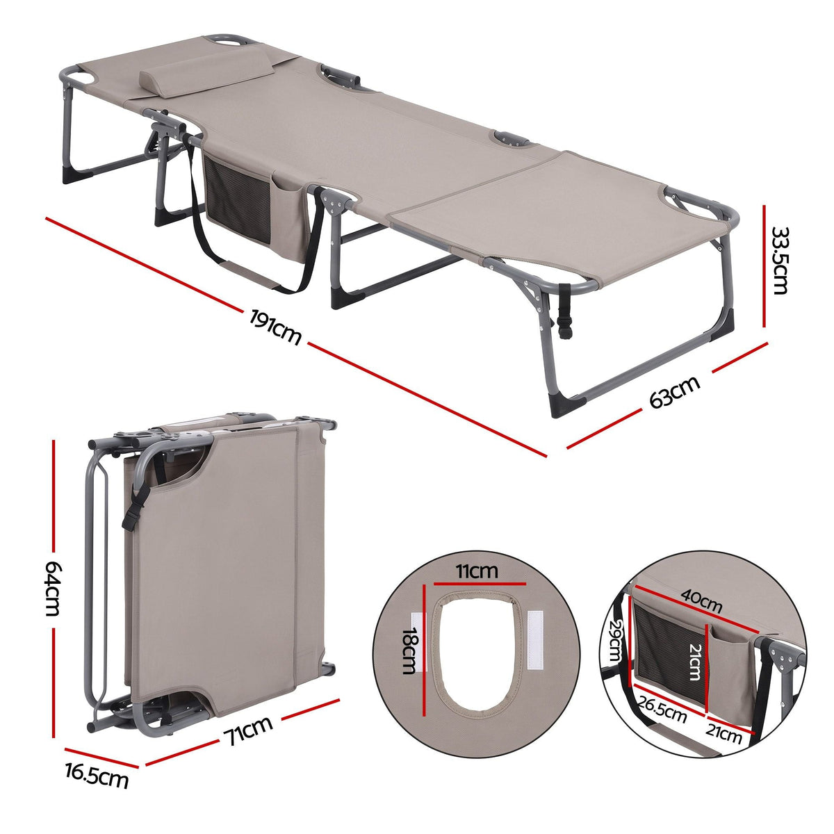 Sun Lounger 5-Position Folding Tanning Chair with Face Hole - Khaki - Furniture > Outdoor > Outdoor Chairs - Rivercity House & Home Co. (ABN 18 642 972 209) - Affordable Modern Furniture Australia