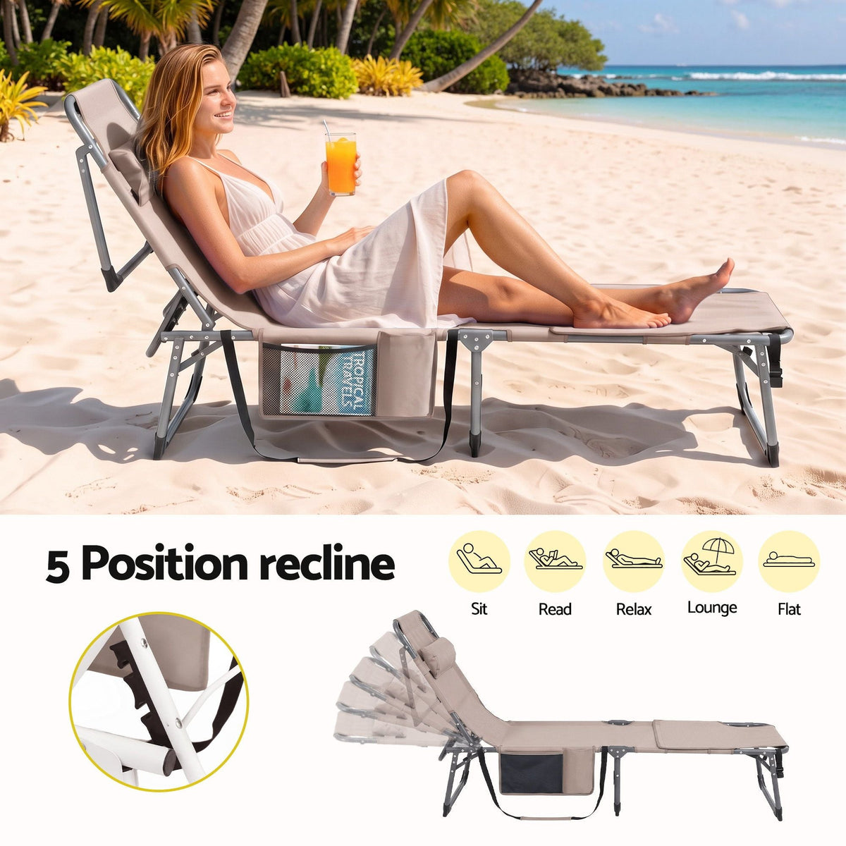 Sun Lounger 5-Position Folding Tanning Chair with Face Hole - Khaki - Furniture > Outdoor > Outdoor Chairs - Rivercity House & Home Co. (ABN 18 642 972 209) - Affordable Modern Furniture Australia