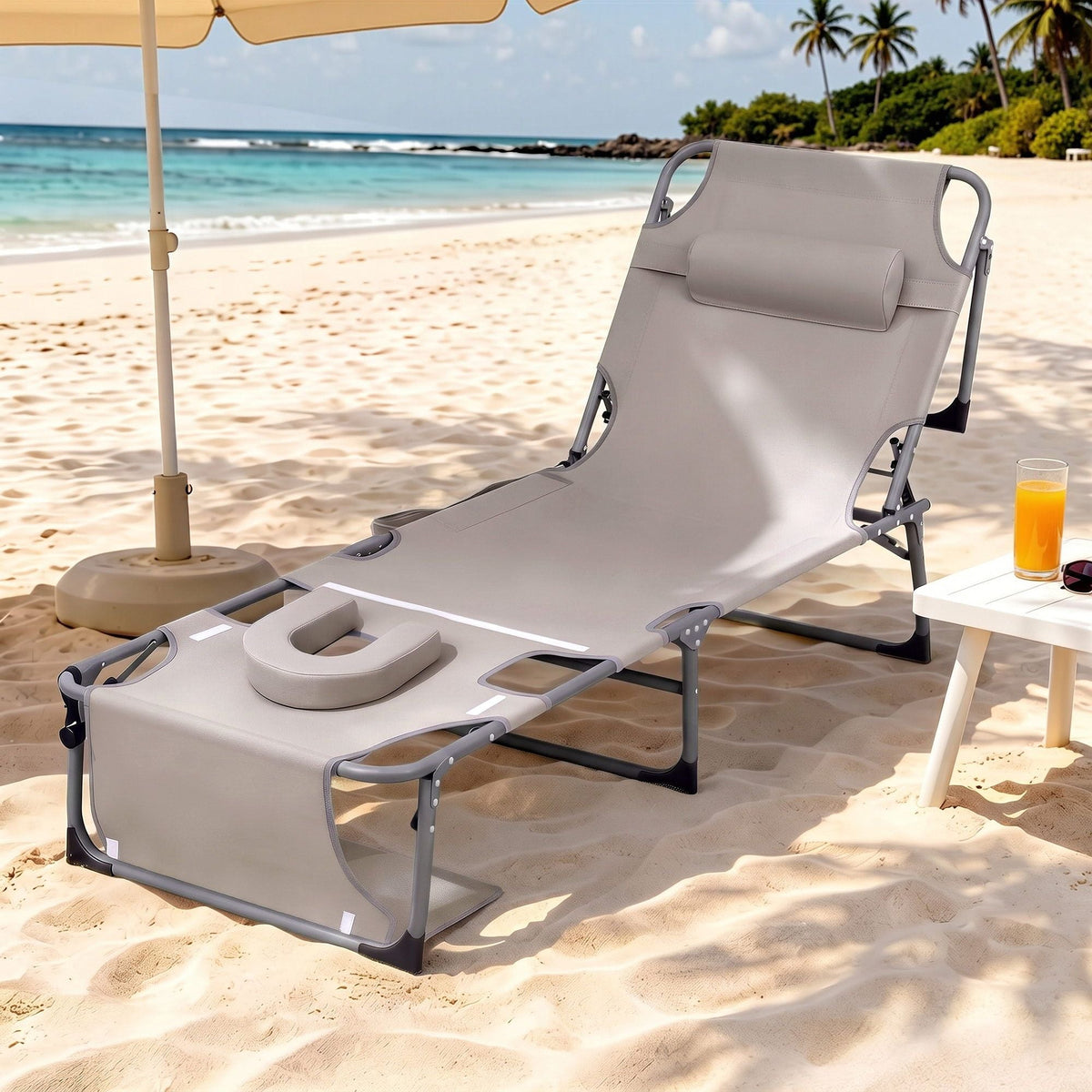 Sun Lounger 5-Position Folding Tanning Chair with Face Hole - Khaki - Furniture > Outdoor > Outdoor Chairs - Rivercity House & Home Co. (ABN 18 642 972 209) - Affordable Modern Furniture Australia