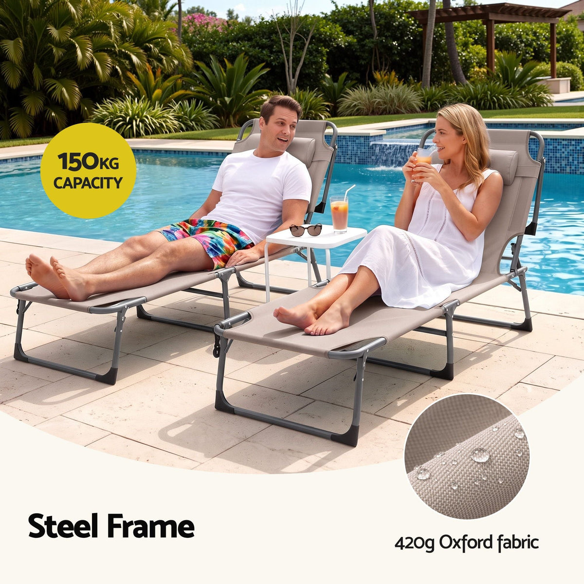 Sun Lounger 5-Position Folding Tanning Chair with Face Hole - Khaki - Furniture > Outdoor > Outdoor Chairs - Rivercity House & Home Co. (ABN 18 642 972 209) - Affordable Modern Furniture Australia