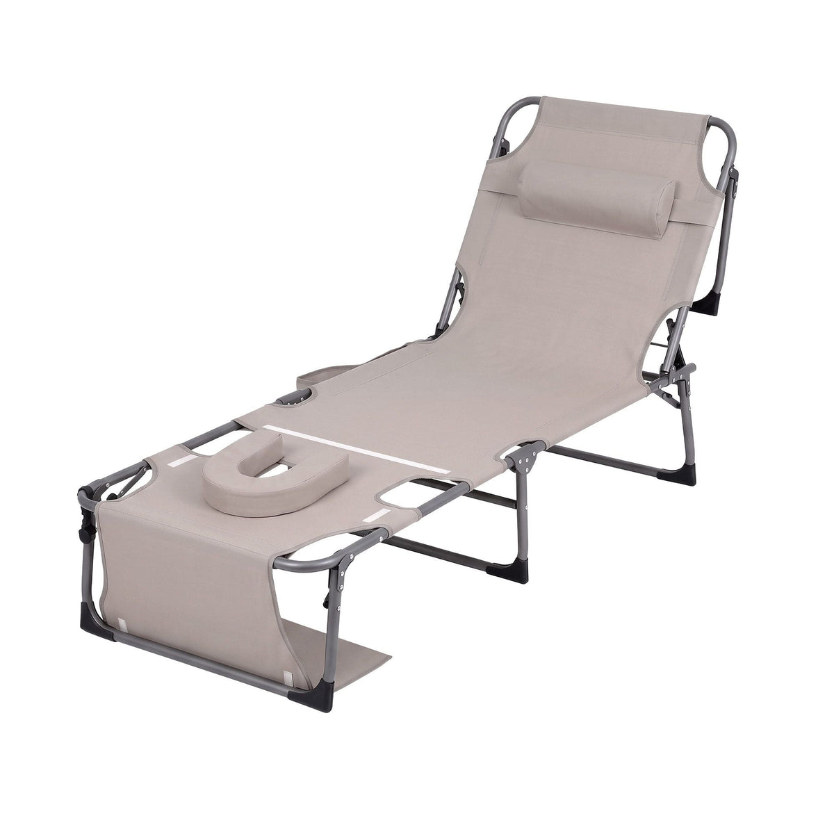 Sun Lounger 5-Position Folding Tanning Chair with Face Hole - Khaki - Furniture > Outdoor > Outdoor Chairs - Rivercity House & Home Co. (ABN 18 642 972 209) - Affordable Modern Furniture Australia