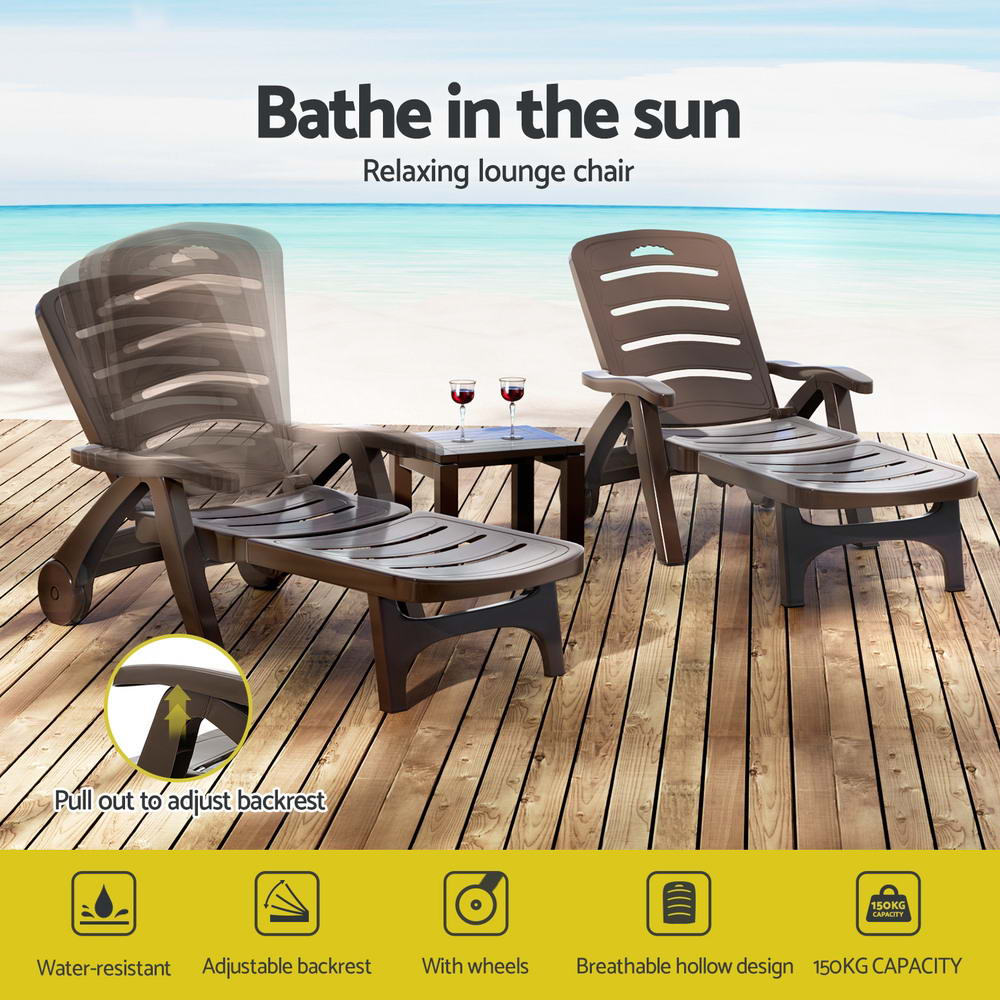 Sun Lounger Folding Lounge Chair Wheels Patio Outdoor Furniture Brown - Furniture > Outdoor - Rivercity House & Home Co. (ABN 18 642 972 209) - Affordable Modern Furniture Australia