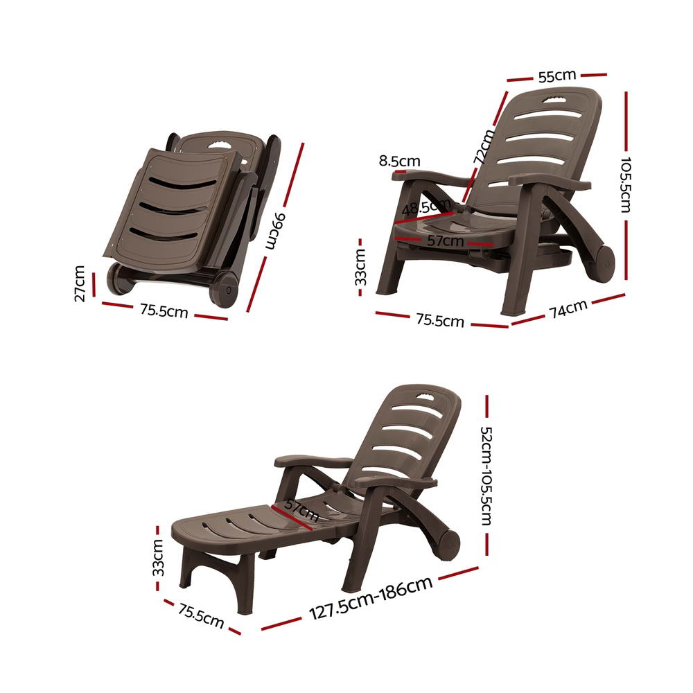 Sun Lounger Folding Lounge Chair Wheels Patio Outdoor Furniture Brown - Furniture > Outdoor - Rivercity House & Home Co. (ABN 18 642 972 209) - Affordable Modern Furniture Australia