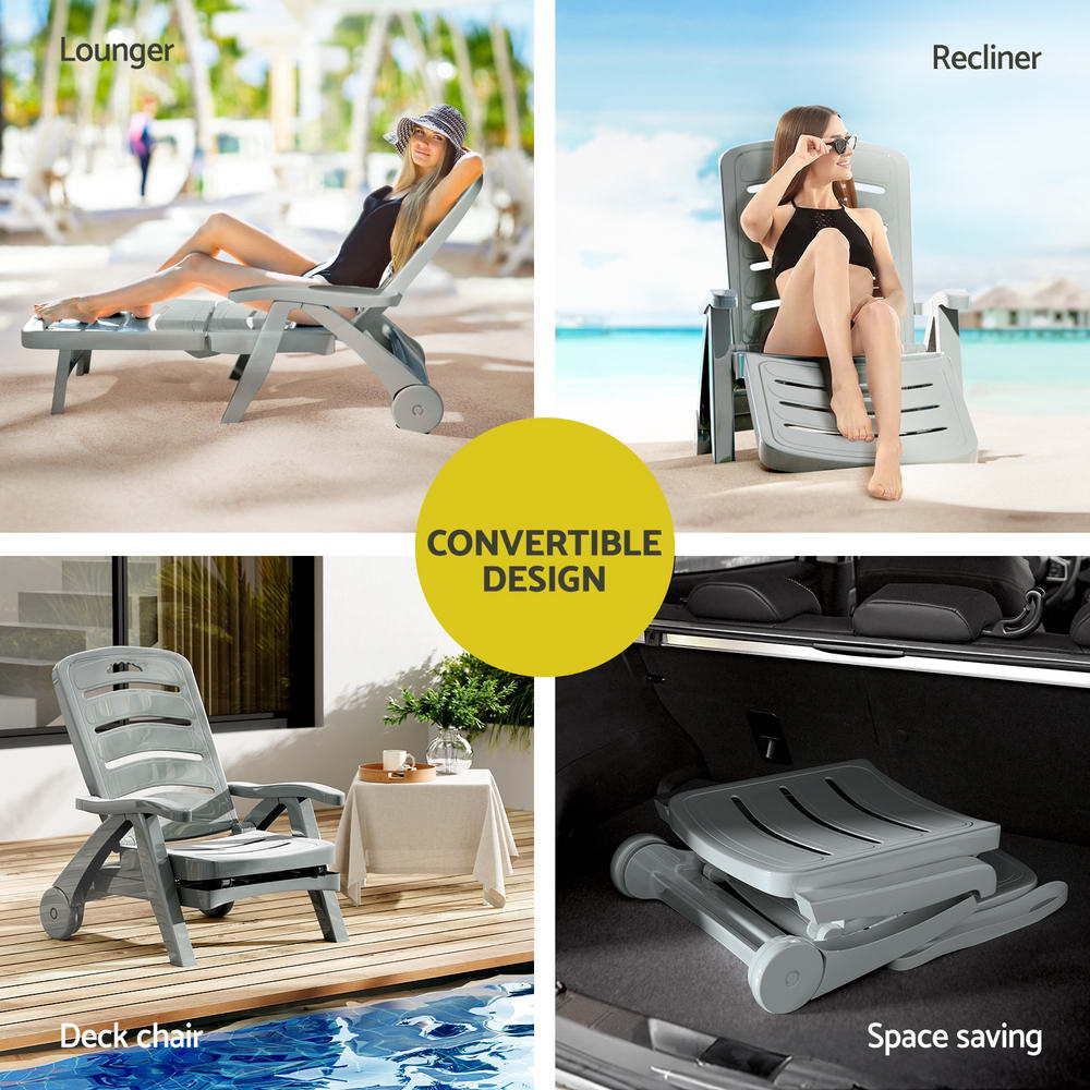 Sun Lounger Folding Lounge Chair Wheels Patio Outdoor Furniture Grey - Furniture > Outdoor - Rivercity House & Home Co. (ABN 18 642 972 209) - Affordable Modern Furniture Australia