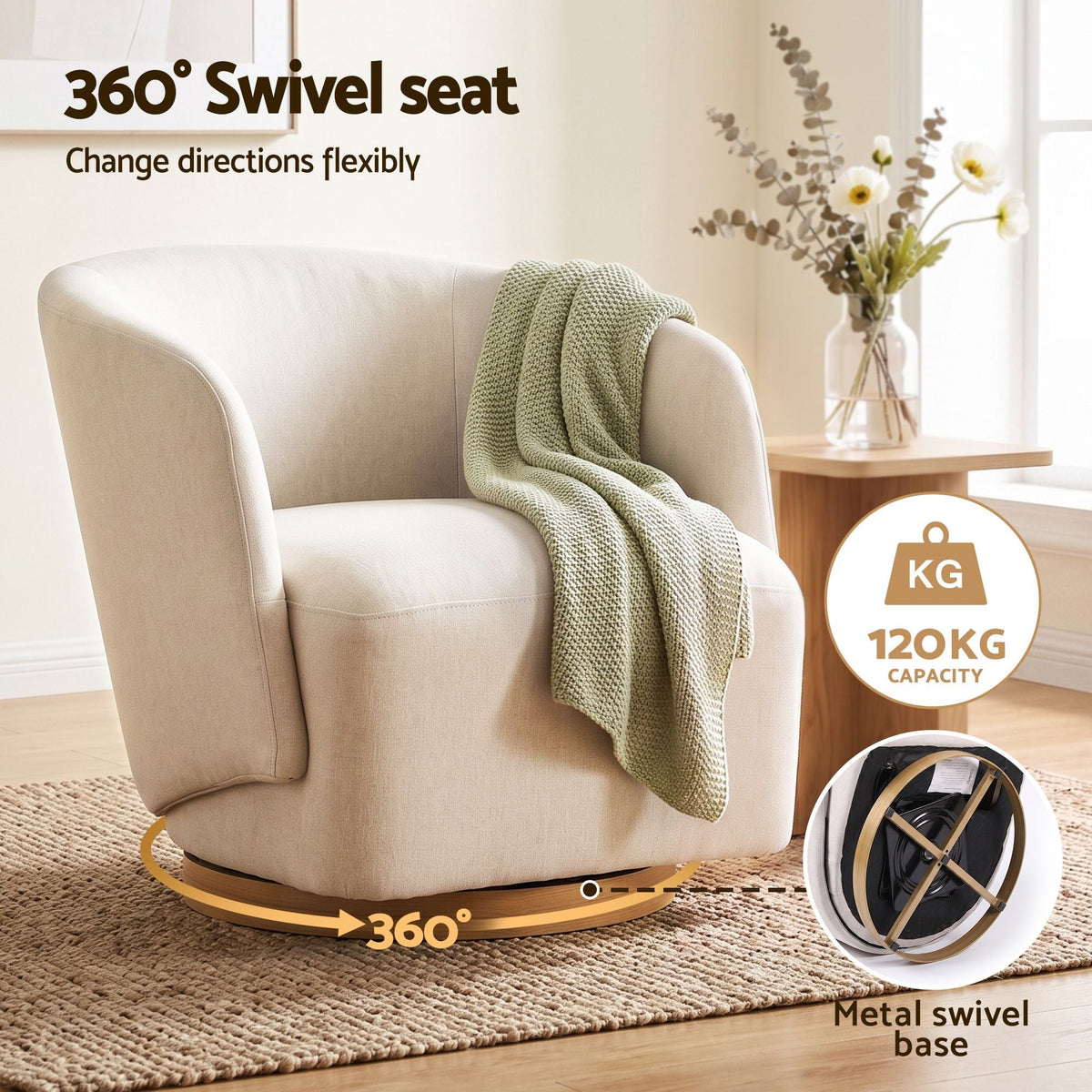 Swivel Armchair 360° Curved Accent Chair Linen Fabric - Beige - Furniture > Bar Stools & Chairs > Arm Chairs & Recliners - Rivercity House & Home Co. (ABN 18 642 972 209) - Affordable Modern Furniture Australia