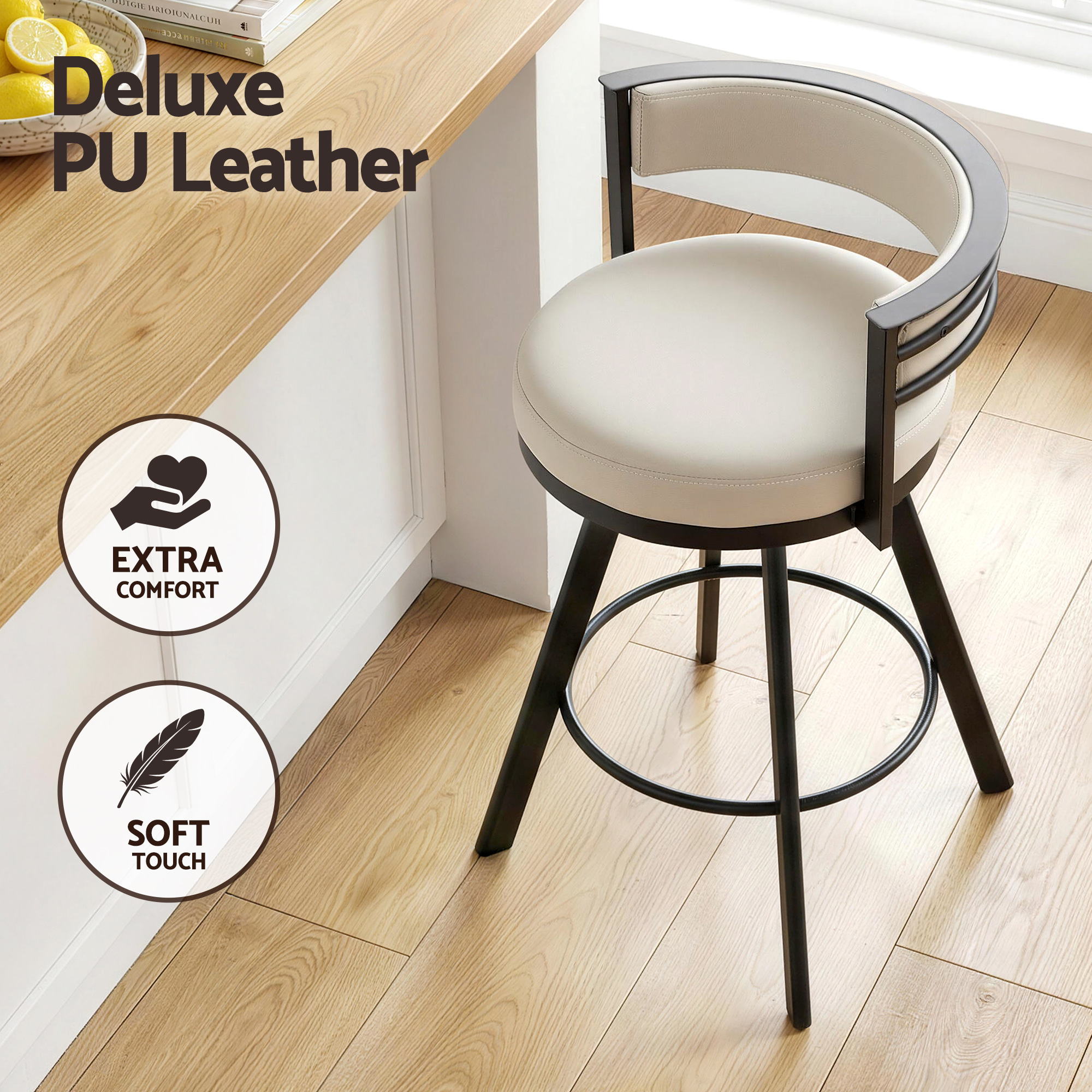 Swivel Bar Stool with Metal Frame and PU Leather Seat - Beige - Furniture > Bar Stools & Chairs > Table & Bar Stools - Rivercity House & Home Co. (ABN 18 642 972 209) - Affordable Modern Furniture Australia