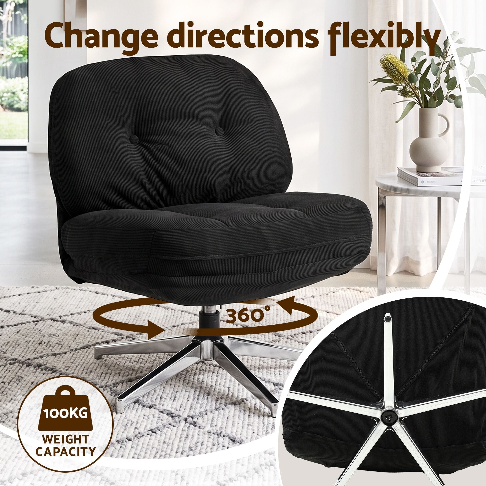 Swivel Chair Nursing Armchair Lounge Corduroy Steel Star Base Black - Furniture > Bar Stools & Chairs > Arm Chairs & Recliners - Rivercity House & Home Co. (ABN 18 642 972 209) - Affordable Modern Furniture Australia