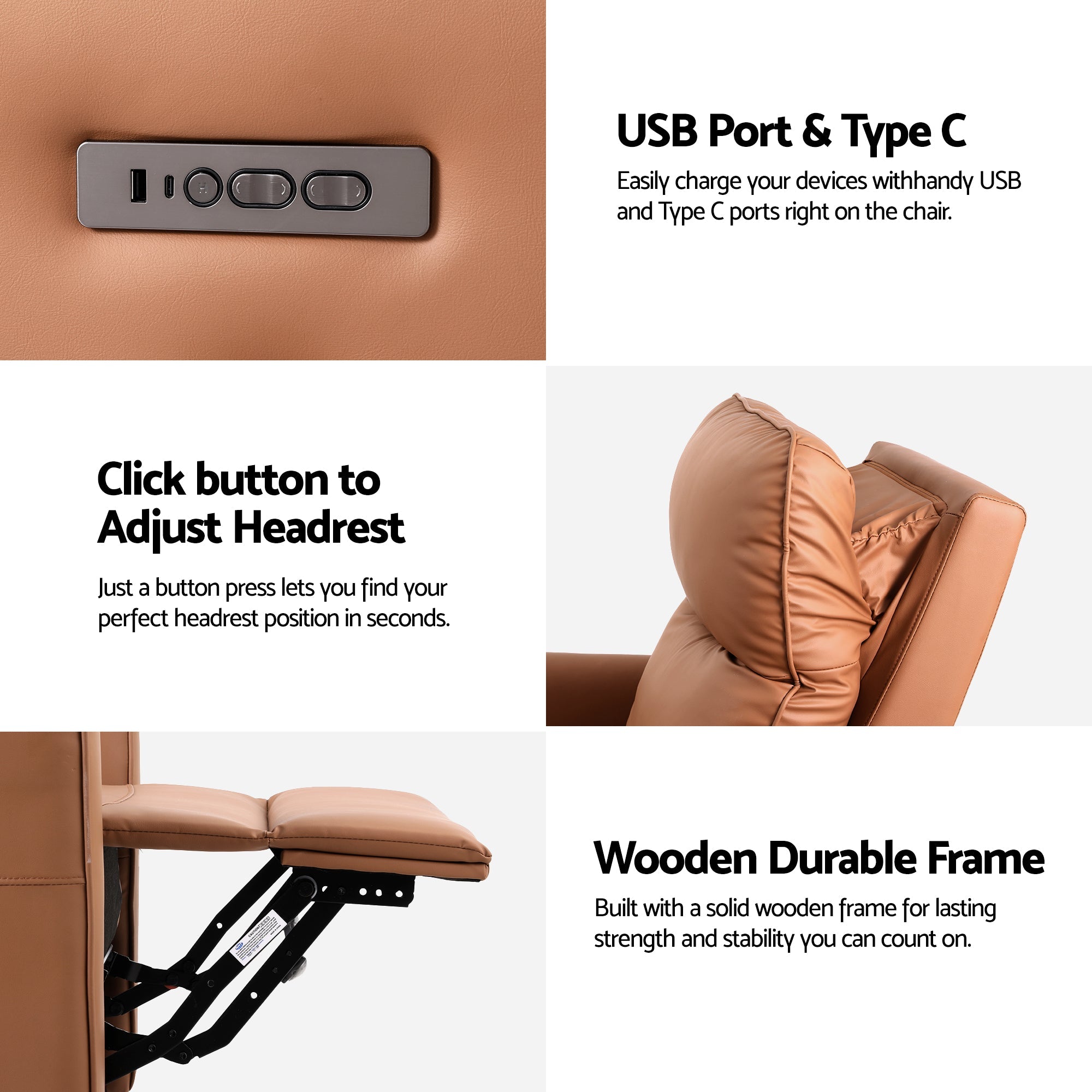 Swivel Recliner Chair Leather Rocking Reclining Sofa with Charging Ports LED Brown - Furniture > Bar Stools & Chairs > Arm Chairs & Recliners - Rivercity House & Home Co. (ABN 18 642 972 209) - Affordable Modern Furniture Australia