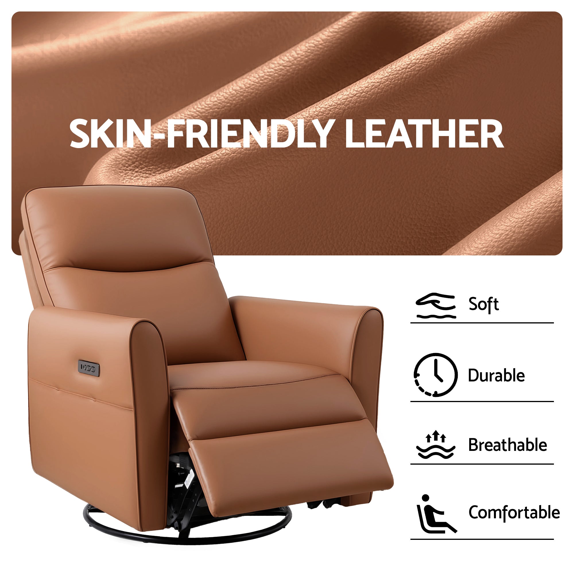 Swivel Recliner Chair Leather Rocking Reclining Sofa with Charging Ports LED Brown - Furniture > Bar Stools & Chairs > Arm Chairs & Recliners - Rivercity House & Home Co. (ABN 18 642 972 209) - Affordable Modern Furniture Australia
