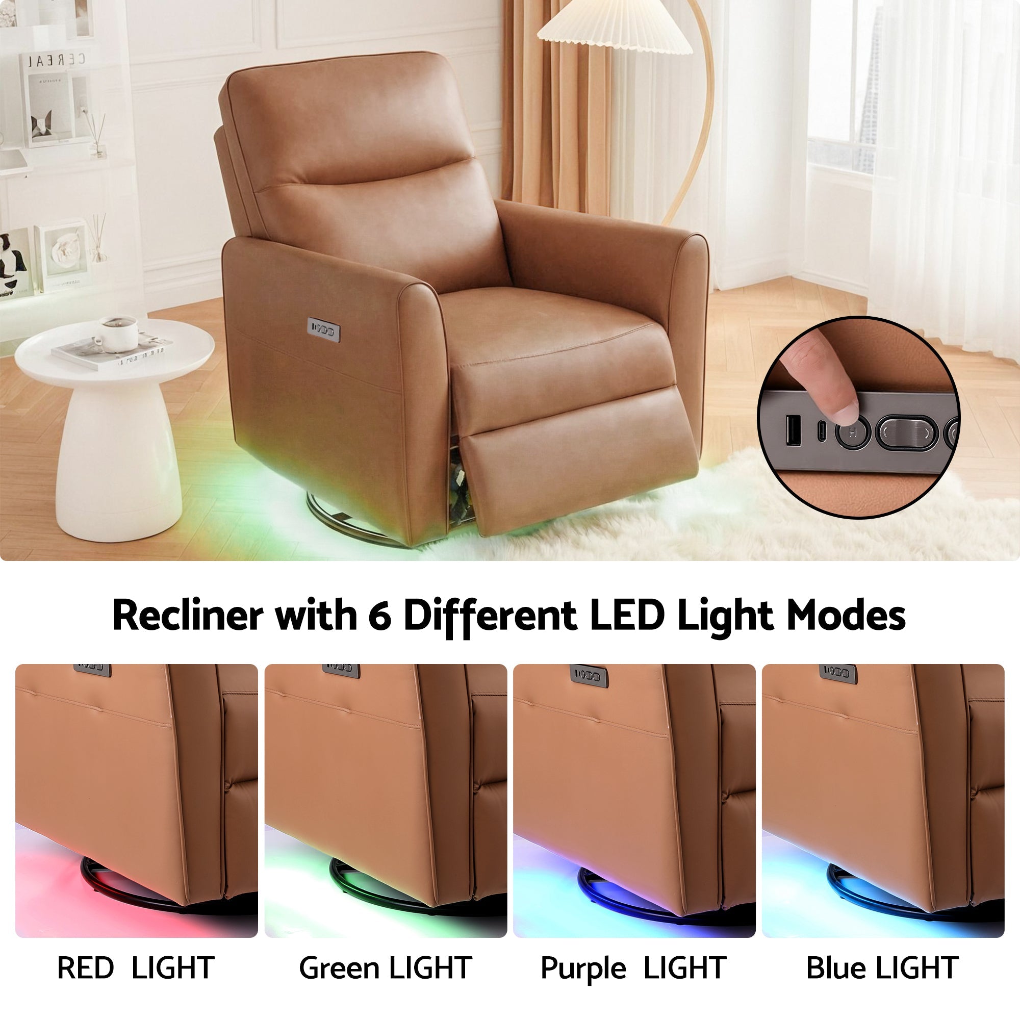 Swivel Recliner Chair Leather Rocking Reclining Sofa with Charging Ports LED Brown - Furniture > Bar Stools & Chairs > Arm Chairs & Recliners - Rivercity House & Home Co. (ABN 18 642 972 209) - Affordable Modern Furniture Australia