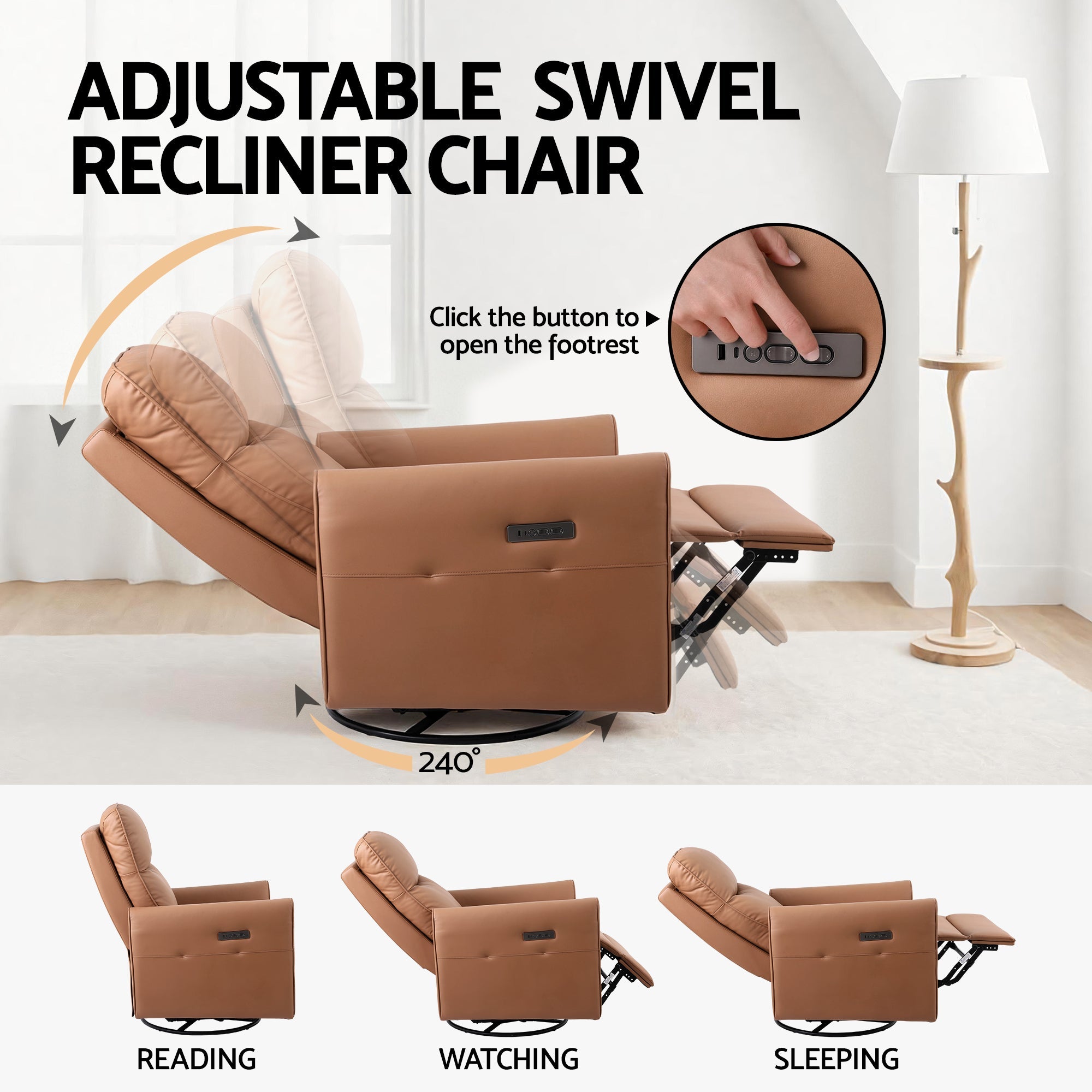 Swivel Recliner Chair Leather Rocking Reclining Sofa with Charging Ports LED Brown - Furniture > Bar Stools & Chairs > Arm Chairs & Recliners - Rivercity House & Home Co. (ABN 18 642 972 209) - Affordable Modern Furniture Australia