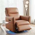 Leather Swivel Recliner Chair with Rocking, Reclining, USB Charging Ports & LED Lights - Brown