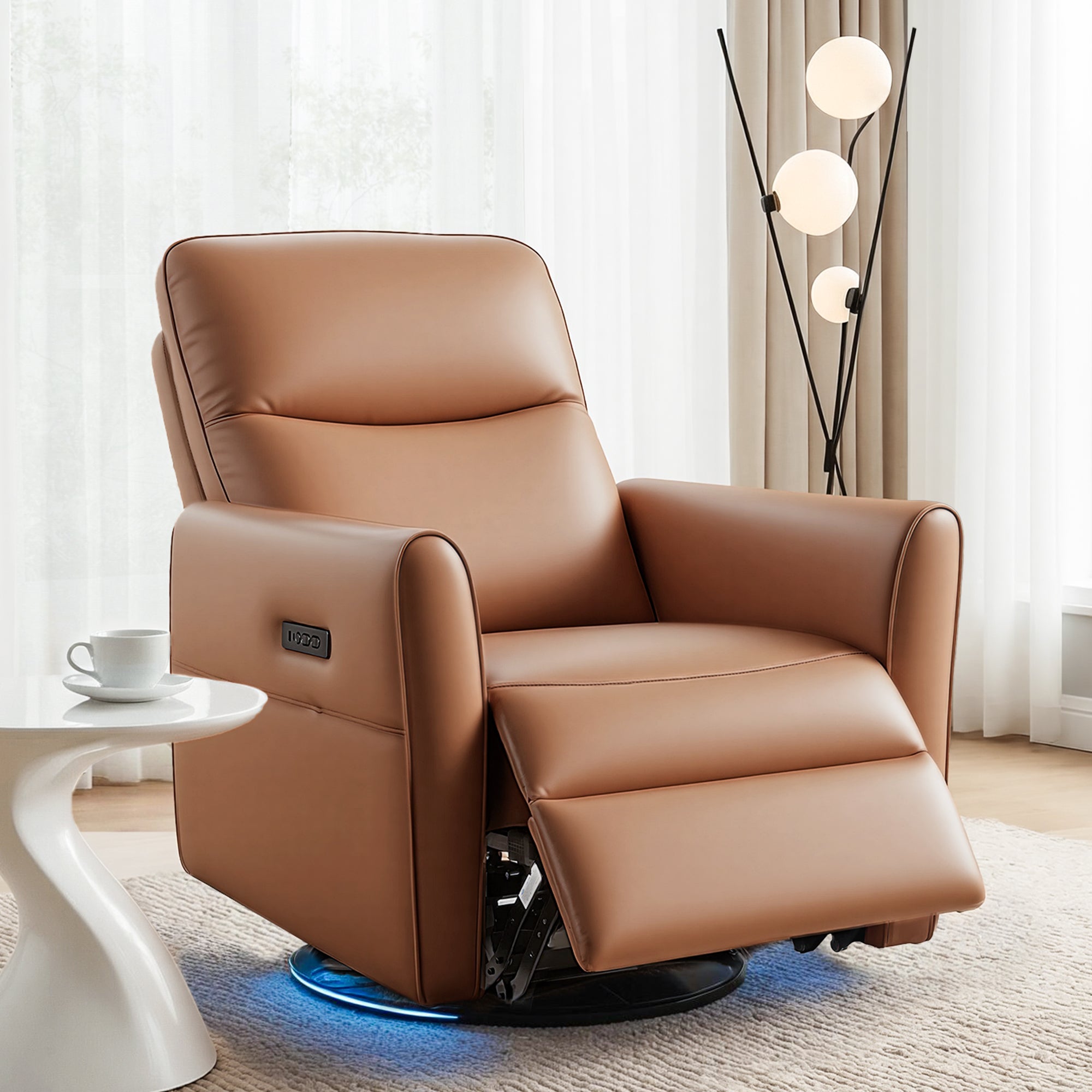 Swivel Recliner Chair Leather Rocking Reclining Sofa with Charging Ports LED Brown - Furniture > Bar Stools & Chairs > Arm Chairs & Recliners - Rivercity House & Home Co. (ABN 18 642 972 209) - Affordable Modern Furniture Australia