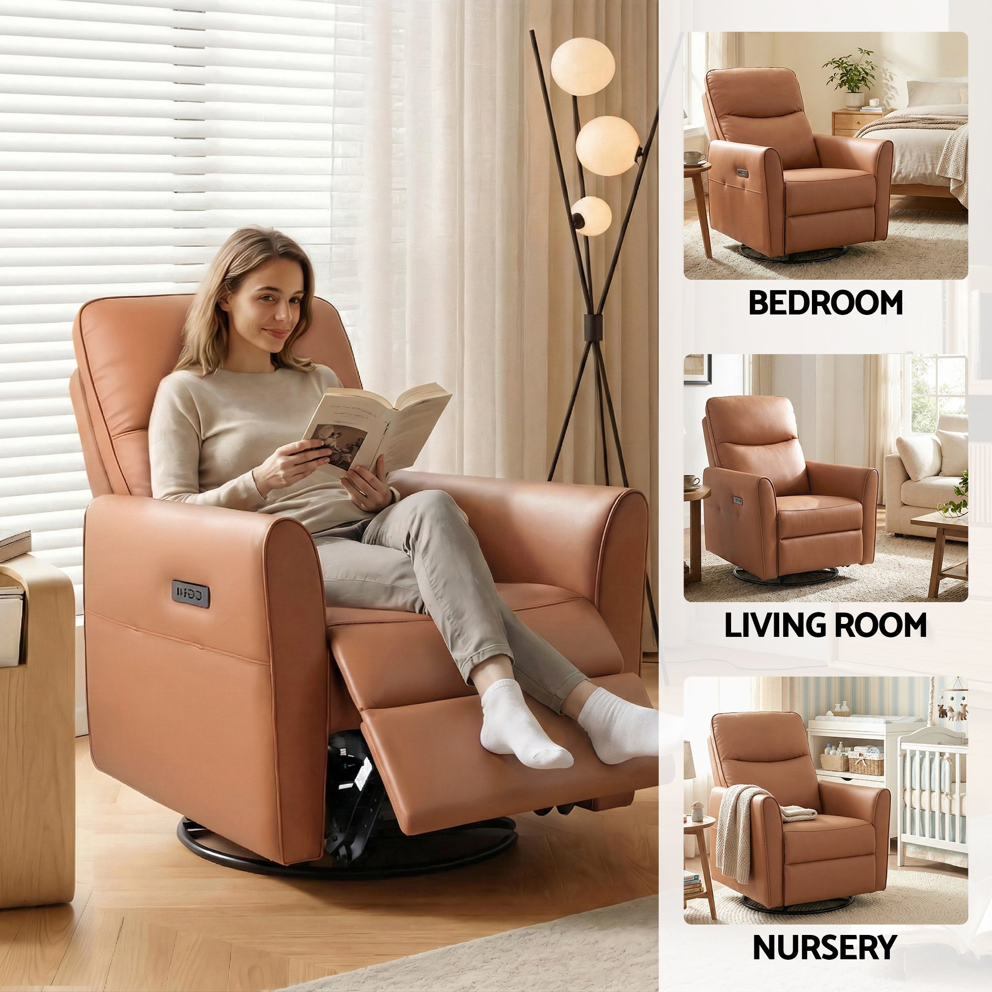 Swivel Recliner Chair Leather Rocking Reclining Sofa with Charging Ports LED Brown - Furniture > Bar Stools & Chairs > Arm Chairs & Recliners - Rivercity House & Home Co. (ABN 18 642 972 209) - Affordable Modern Furniture Australia