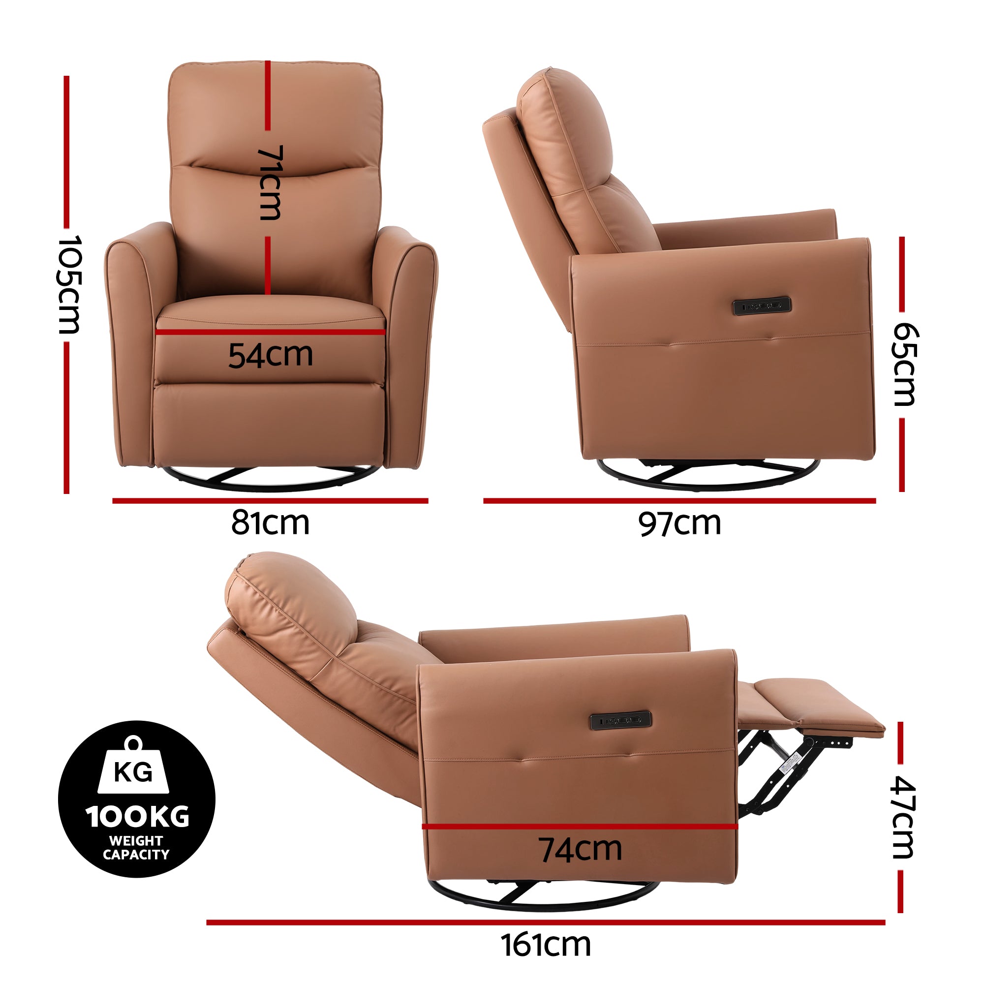 Swivel Recliner Chair Leather Rocking Reclining Sofa with Charging Ports LED Brown - Furniture > Bar Stools & Chairs > Arm Chairs & Recliners - Rivercity House & Home Co. (ABN 18 642 972 209) - Affordable Modern Furniture Australia