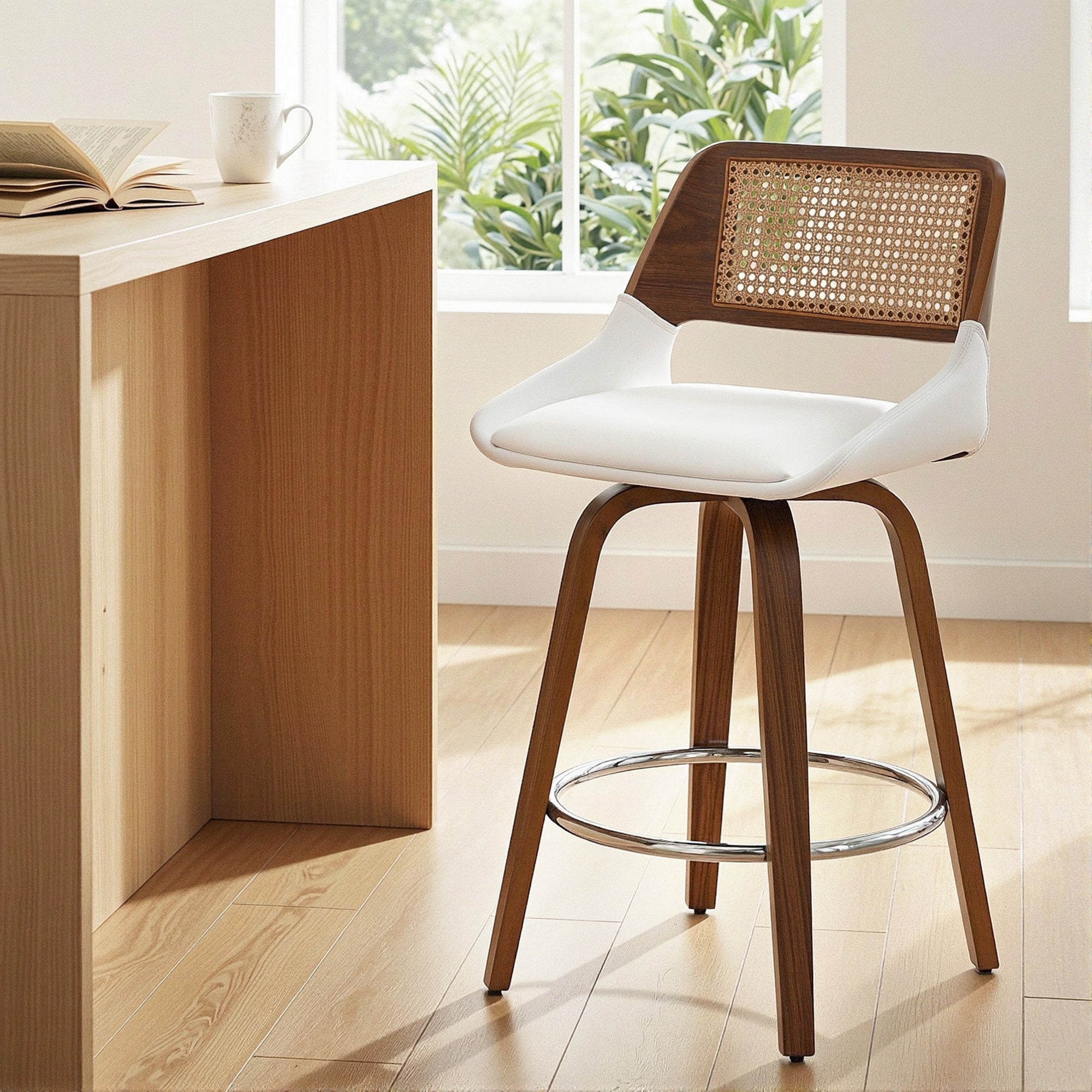 Swivel Wooden Bar Stool 60cm Seat Height - White & Rattan - Furniture > Bar Stools & Chairs > Table & Bar Stools - Rivercity House & Home Co. (ABN 18 642 972 209) - Affordable Modern Furniture Australia
