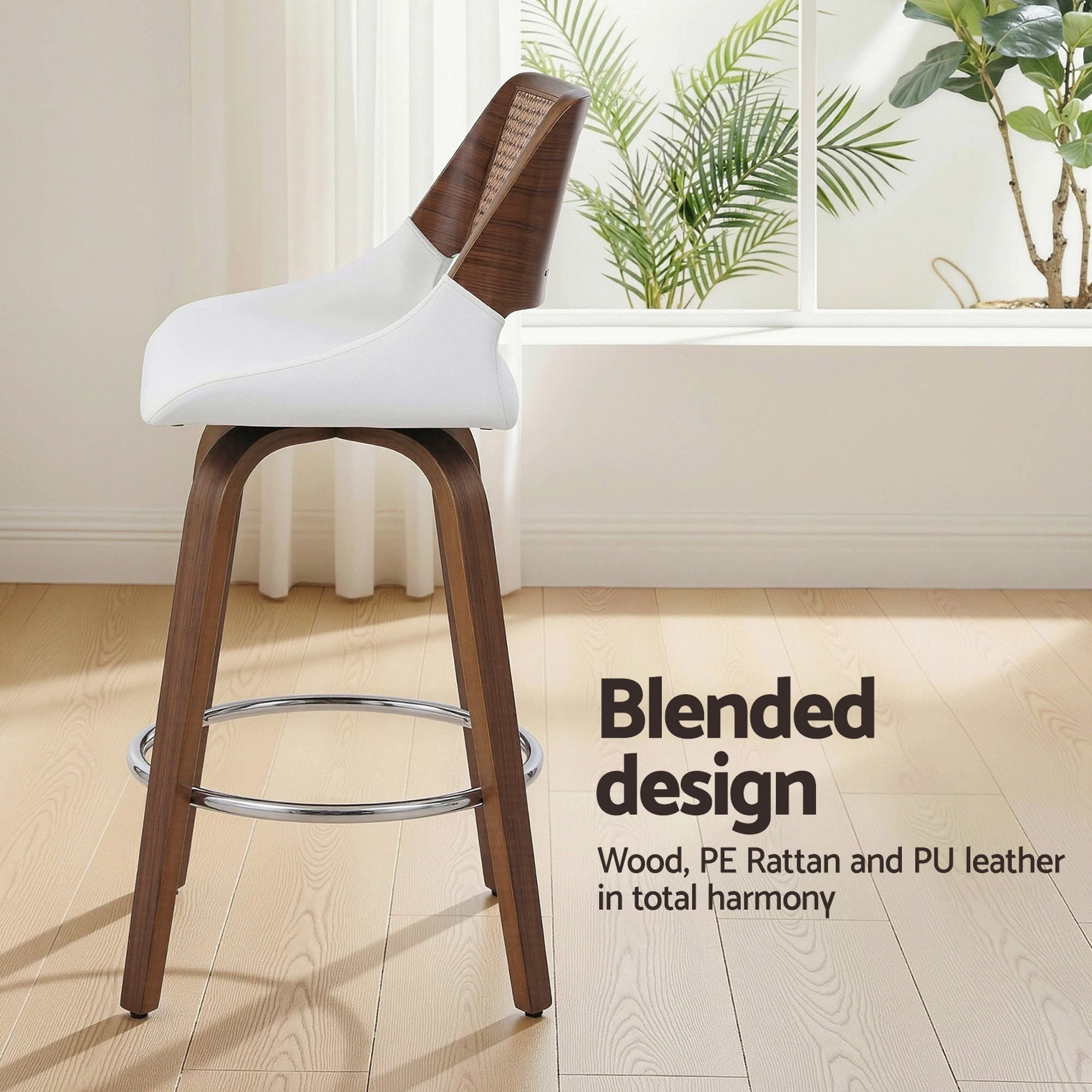Swivel Wooden Bar Stool 60cm Seat Height - White & Rattan - Furniture > Bar Stools & Chairs > Table & Bar Stools - Rivercity House & Home Co. (ABN 18 642 972 209) - Affordable Modern Furniture Australia