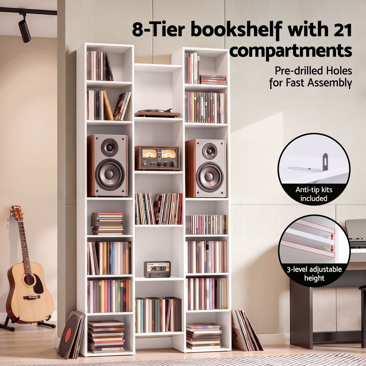 Tall 8-Tier Bookshelf Display Shelves with Adjustable Storage - White - Furniture > Living Room > Bookcases & Shelves - Rivercity House & Home Co. (ABN 18 642 972 209) - Affordable Modern Furniture Australia