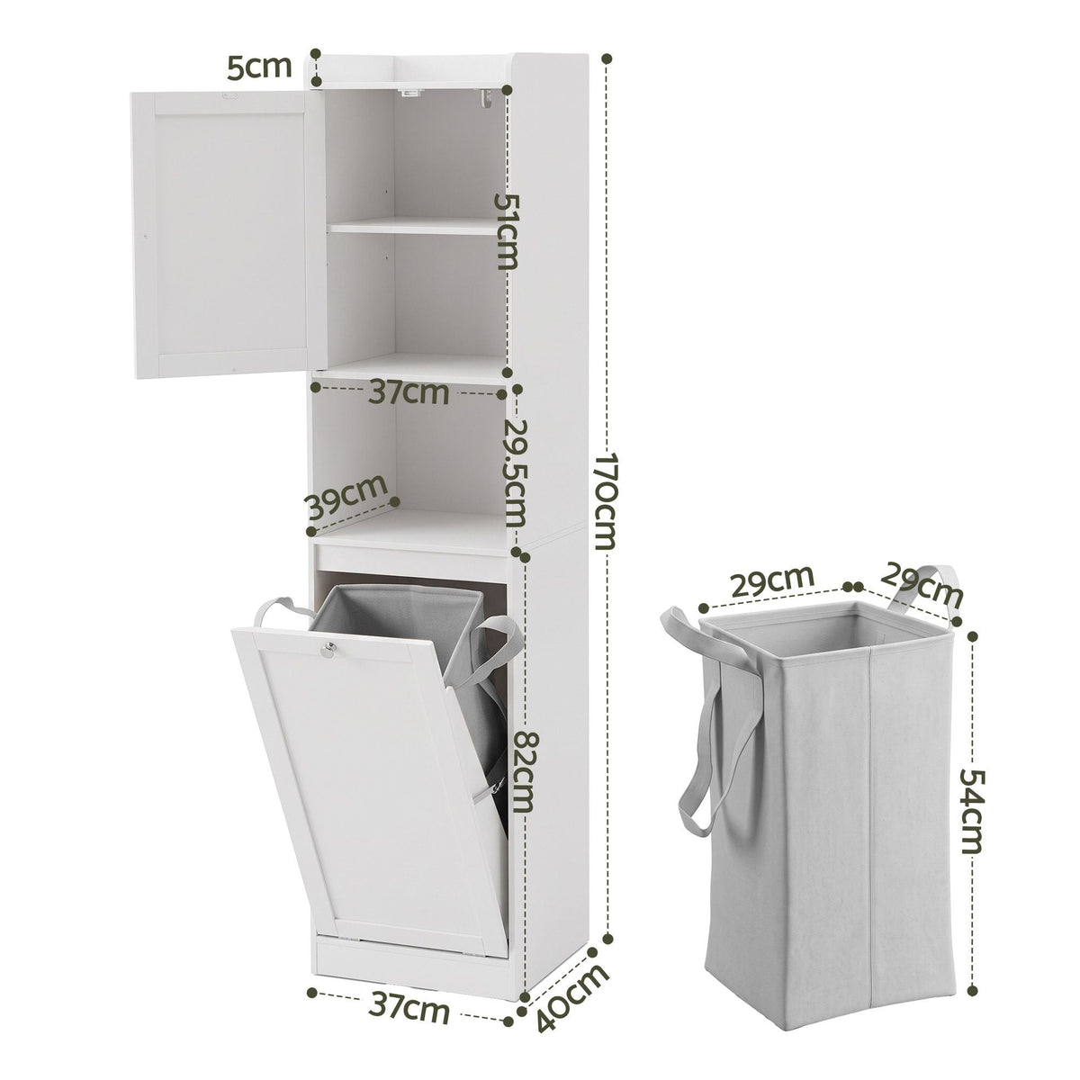 Tall Bathroom Storage Cabinet with Tilt-Out Laundry Hamper 170cm - White - Furniture > Bathroom > Bathroom Cabinets, Cupboards & Storage - Rivercity House & Home Co. (ABN 18 642 972 209) - Affordable Modern Furniture Australia