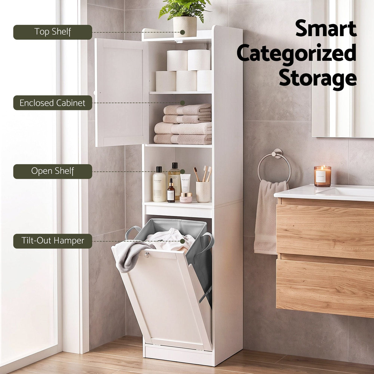 Tall Bathroom Storage Cabinet with Tilt-Out Laundry Hamper 170cm - White - Furniture > Bathroom > Bathroom Cabinets, Cupboards & Storage - Rivercity House & Home Co. (ABN 18 642 972 209) - Affordable Modern Furniture Australia