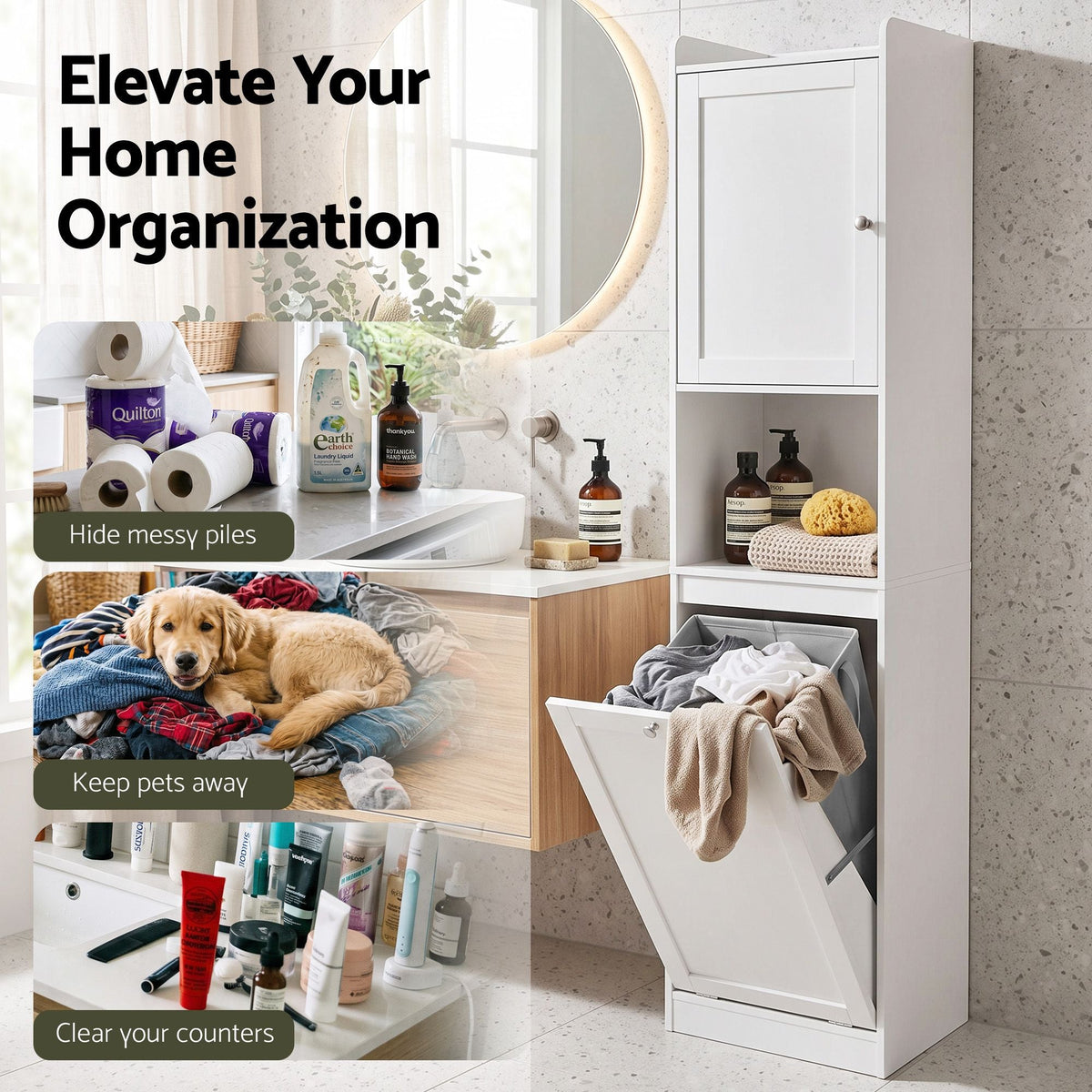 Tall Bathroom Storage Cabinet with Tilt-Out Laundry Hamper 170cm - White - Furniture > Bathroom > Bathroom Cabinets, Cupboards & Storage - Rivercity House & Home Co. (ABN 18 642 972 209) - Affordable Modern Furniture Australia