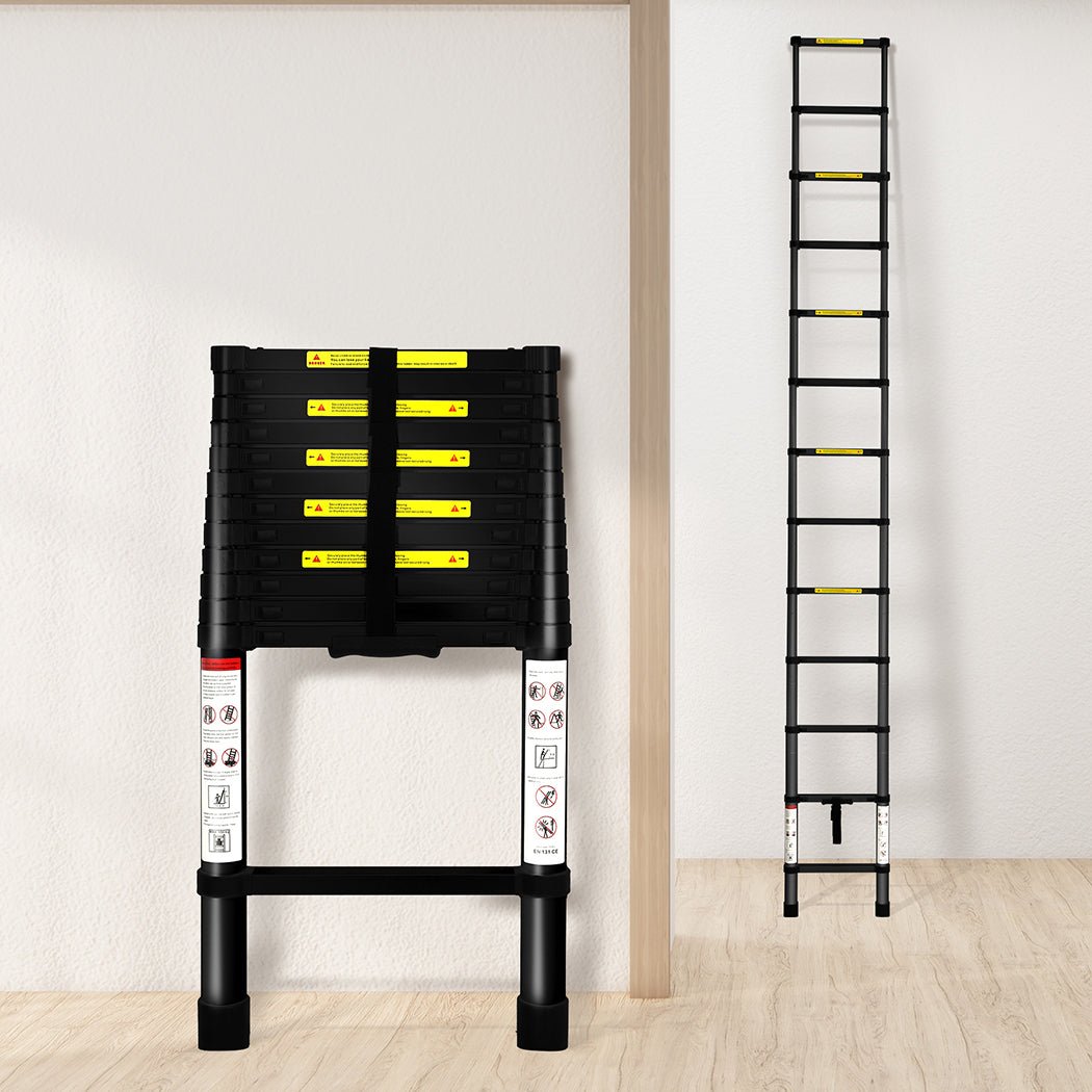 Telescopic Aluminium Ladder 3.8M Multipurpose - Black - Rivercity House & Home Co. (ABN 18 642 972 209) - Affordable Modern Furniture Australia