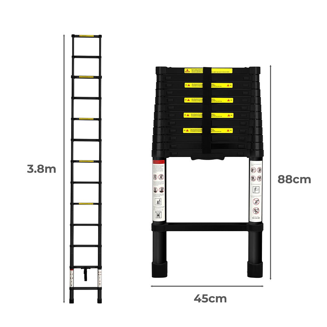 Telescopic Aluminium Ladder 3.8M Multipurpose - Black - Rivercity House & Home Co. (ABN 18 642 972 209) - Affordable Modern Furniture Australia