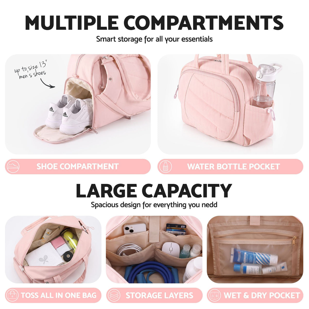 Tennis Tote Gym Duffle Bag Holds 2 Rackets - Pink - Sports & Fitness > Racquet Sports > Tennis - Rivercity House & Home Co. (ABN 18 642 972 209) - Affordable Modern Furniture Australia