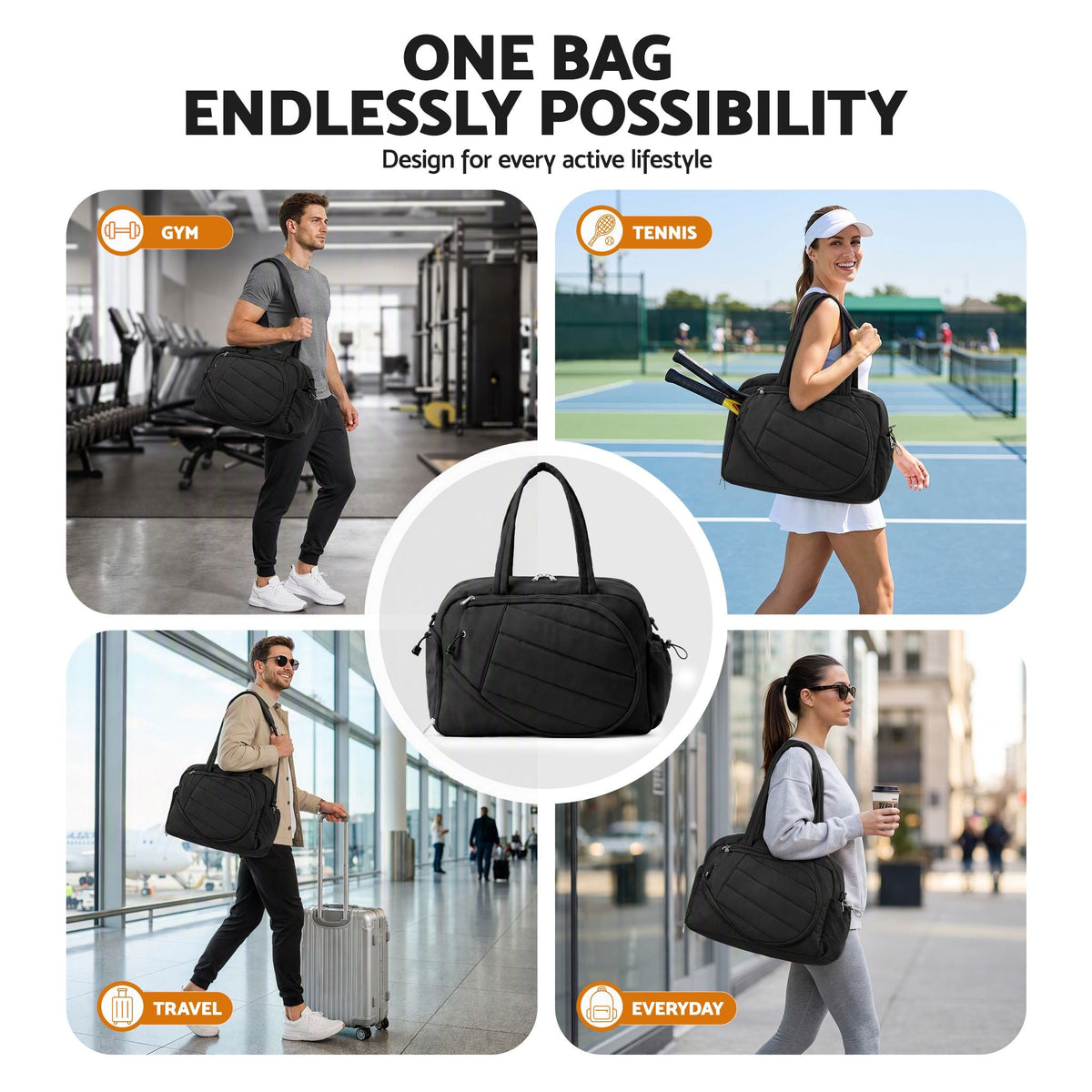 Tennis Tote Gym Duffle Bag Holds 2 Rackets with Sun Protection Compartment - Black - Sports & Fitness > Racquet Sports > Tennis - Rivercity House & Home Co. (ABN 18 642 972 209) - Affordable Modern Furniture Australia