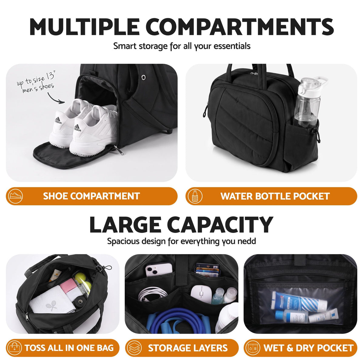 Tennis Tote Gym Duffle Bag Holds 2 Rackets with Sun Protection Compartment - Black - Sports & Fitness > Racquet Sports > Tennis - Rivercity House & Home Co. (ABN 18 642 972 209) - Affordable Modern Furniture Australia