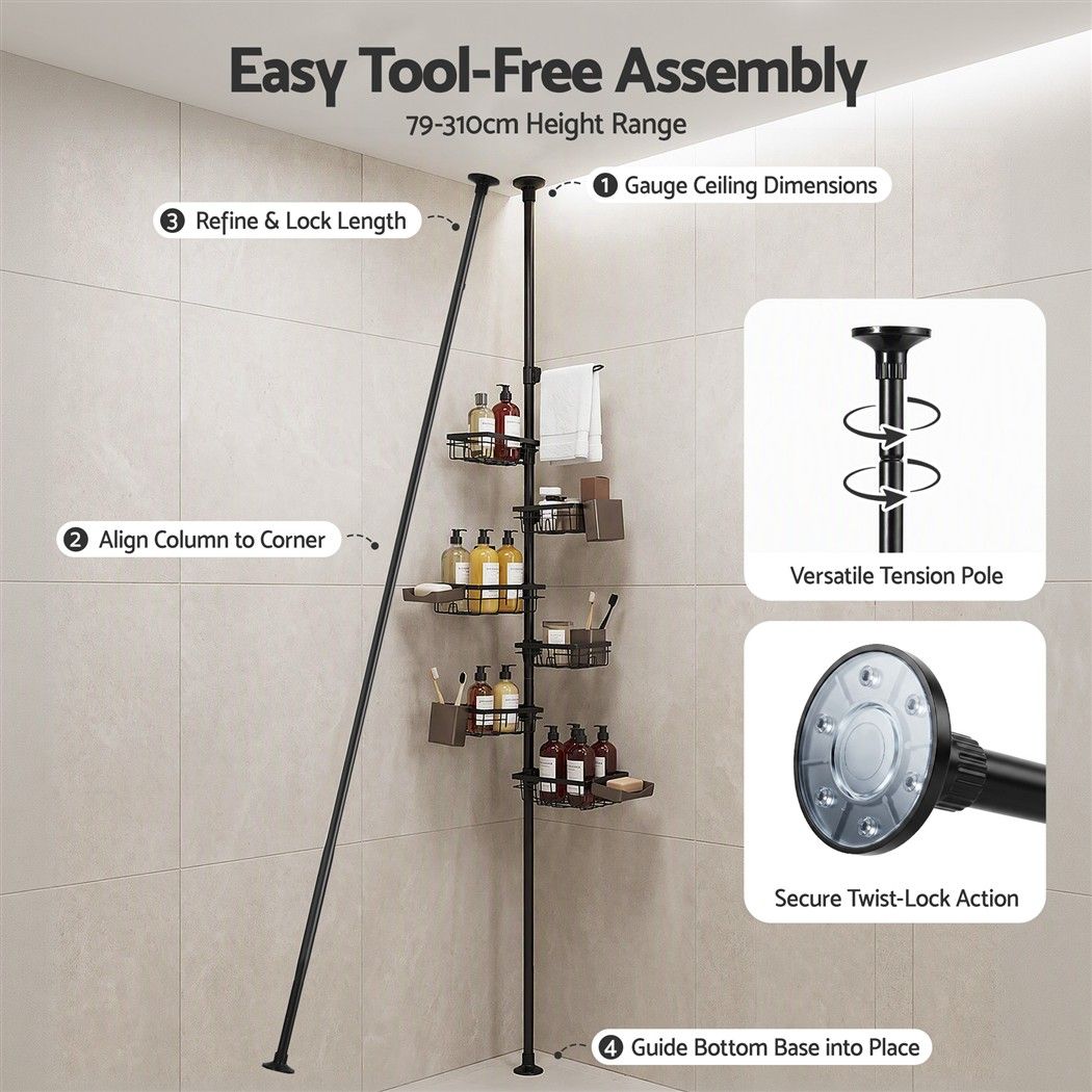 Tension Pole 6-Tier Corner Shower Caddy with Adjustable Baskets - Black - Home & Garden > Bathroom Accessories > Bath Caddies - Rivercity House & Home Co. (ABN 18 642 972 209) - Affordable Modern Furniture Australia
