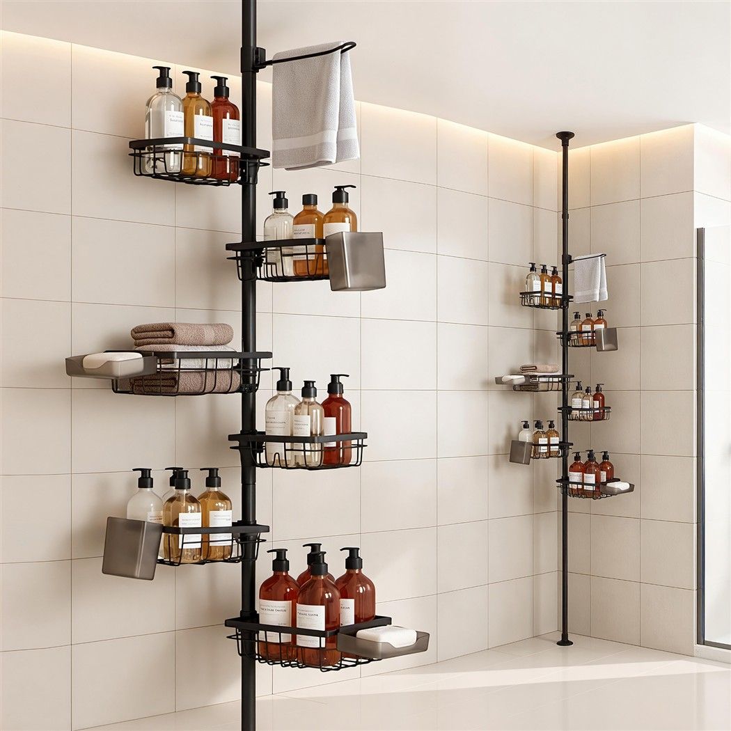 Tension Pole 6-Tier Corner Shower Caddy with Adjustable Baskets - Black - Home & Garden > Bathroom Accessories > Bath Caddies - Rivercity House & Home Co. (ABN 18 642 972 209) - Affordable Modern Furniture Australia