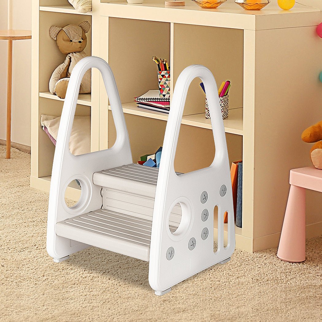 Toddler Double Step Stool Ladder Tower with Handrails - White and Grey - Rivercity House & Home Co. (ABN 18 642 972 209) - Affordable Modern Furniture Australia
