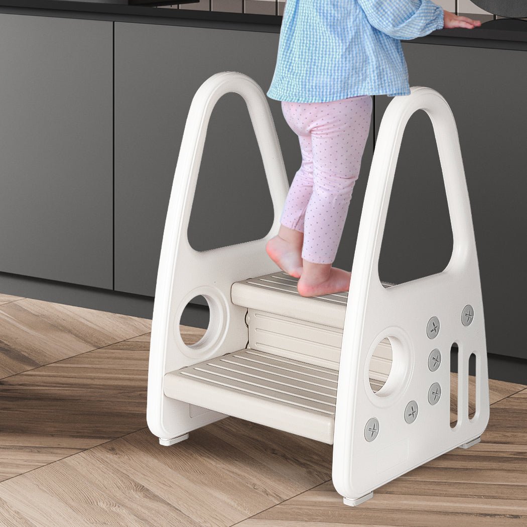 Toddler Double Step Stool Ladder Tower with Handrails - White and Grey - Rivercity House & Home Co. (ABN 18 642 972 209) - Affordable Modern Furniture Australia