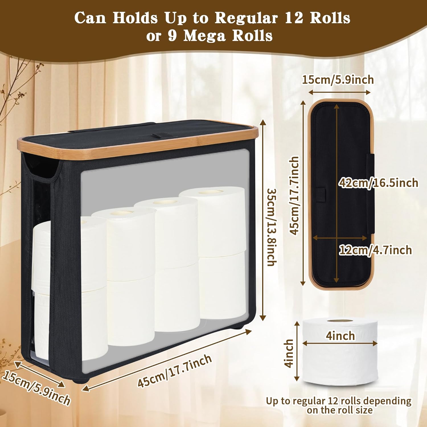 Toilet Paper Storage Basket Holds Up to 12 Rolls with Bamboo Lid and Handle for RV Closet (Black) - Home & Garden > DIY > Kitchen & Bathroom DIY - Rivercity House & Home Co. (ABN 18 642 972 209) - Affordable Modern Furniture Australia