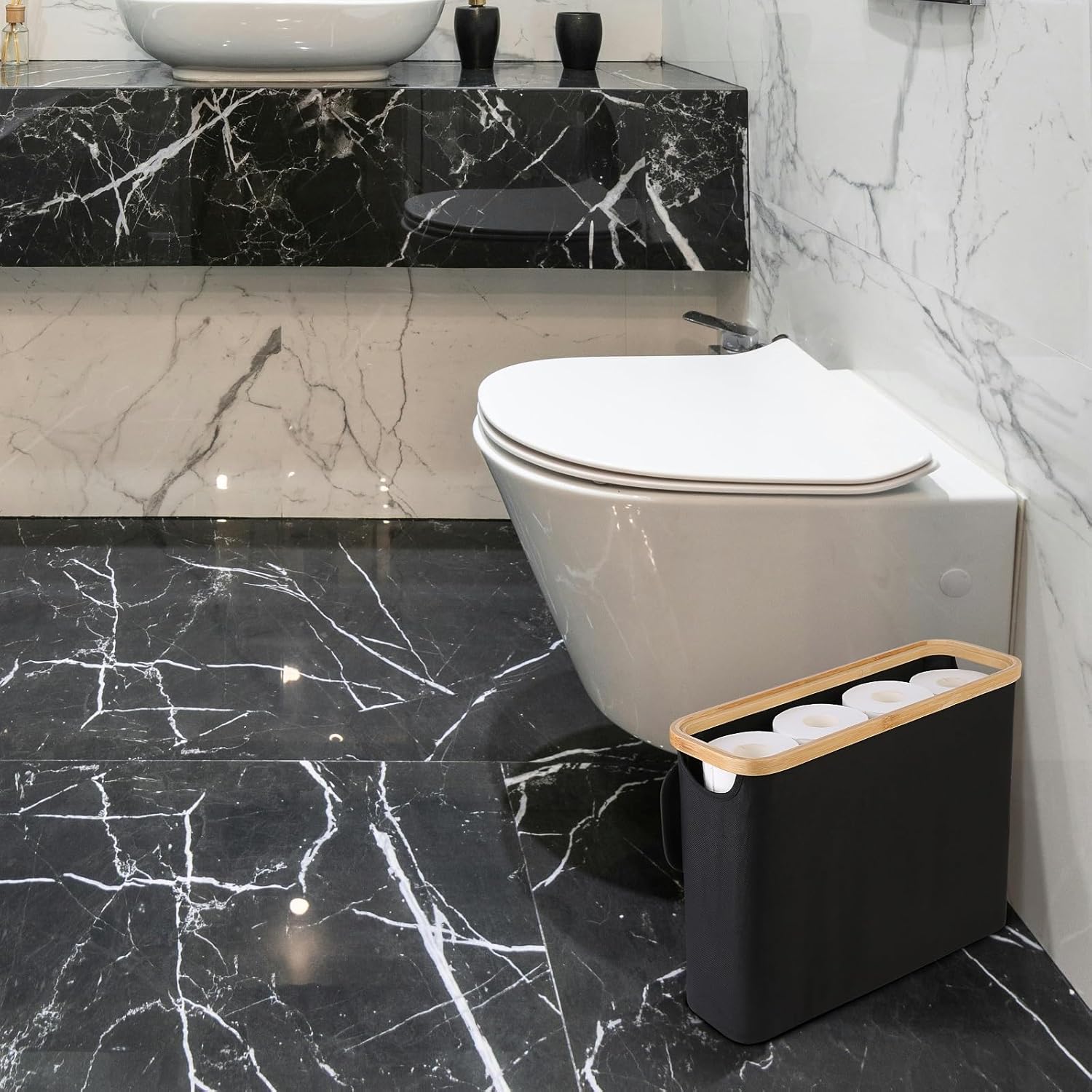 Toilet Paper Storage Basket Holds Up to 12 Rolls with Bamboo Lid and Handle for RV Closet (Black) - Home & Garden > DIY > Kitchen & Bathroom DIY - Rivercity House & Home Co. (ABN 18 642 972 209) - Affordable Modern Furniture Australia