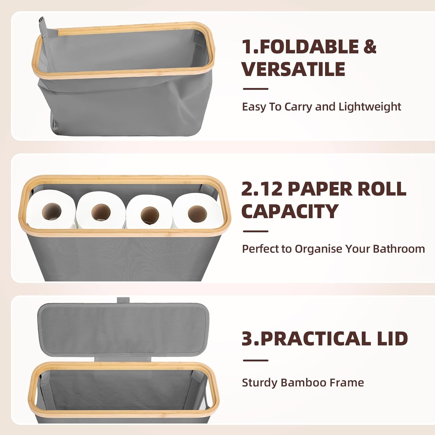 Toilet Paper Storage Basket Holds Up to 12 Rolls with Bamboo Lid and Handle for RV Closet (Grey) - Home & Garden > DIY > Kitchen & Bathroom DIY - Rivercity House & Home Co. (ABN 18 642 972 209) - Affordable Modern Furniture Australia