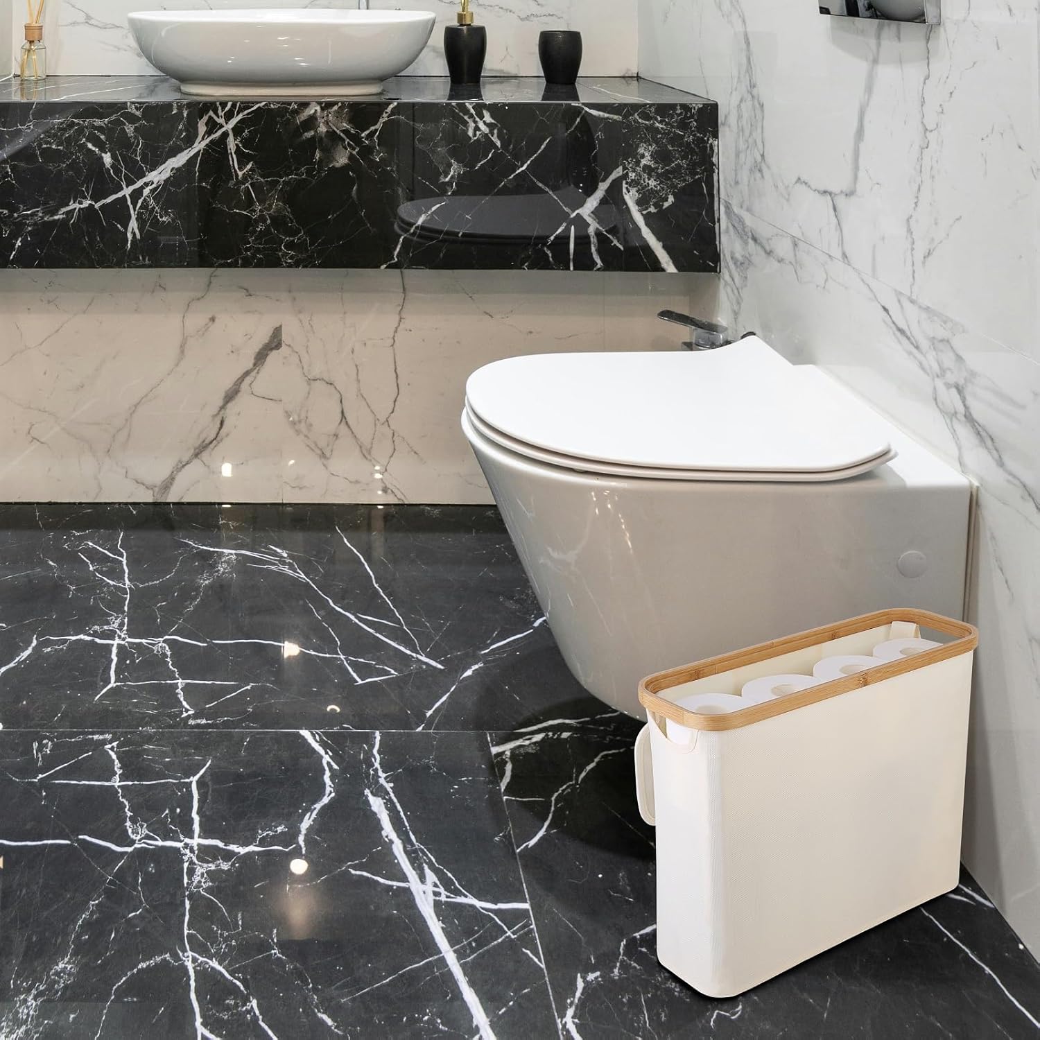 Toilet Paper Storage Basket Holds Up to 12 Rolls with Bamboo Lid and Handle for RV Closet (White) - Home & Garden > DIY > Kitchen & Bathroom DIY - Rivercity House & Home Co. (ABN 18 642 972 209) - Affordable Modern Furniture Australia