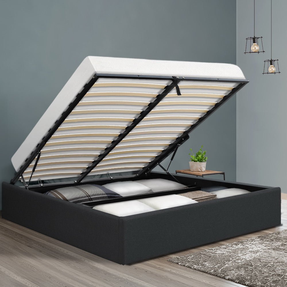 Toki Fabric Double Gas Lift Bed Frame Base with Storage Charcoal - Rivercity House & Home Co. (ABN 18 642 972 209) - Affordable Modern Furniture Australia