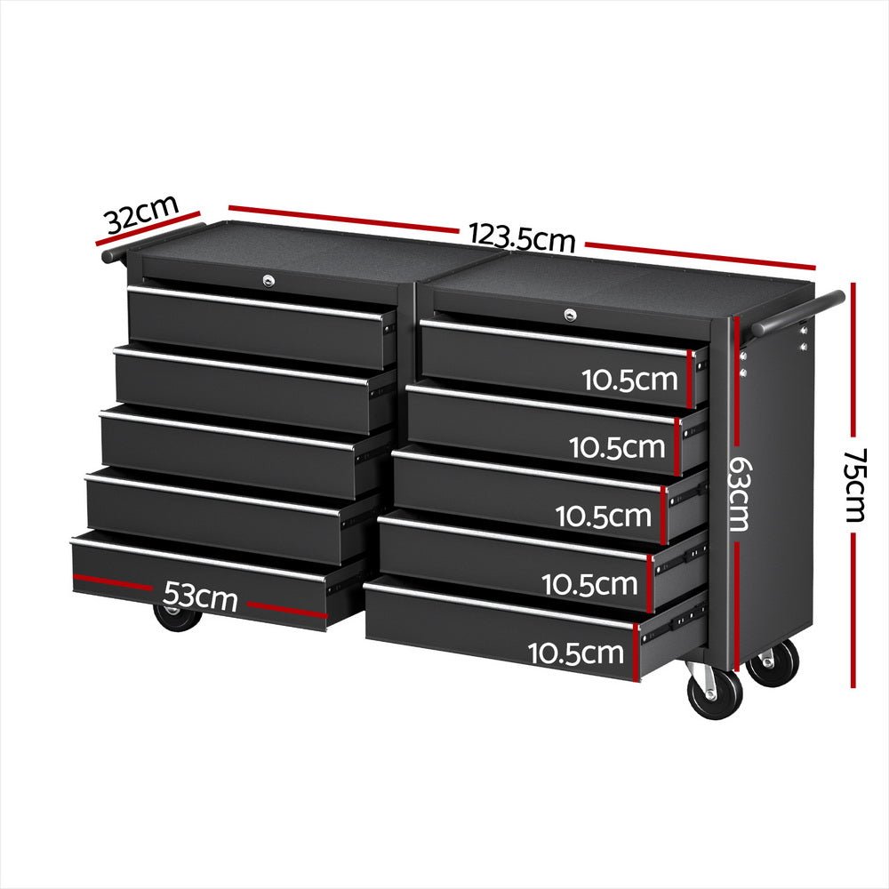 Tool Chest Trolley 10 Drawers Toolbox Storage Black - Tools > Tools Storage > Tool Boxes - Rivercity House & Home Co. (ABN 18 642 972 209) - Affordable Modern Furniture Australia