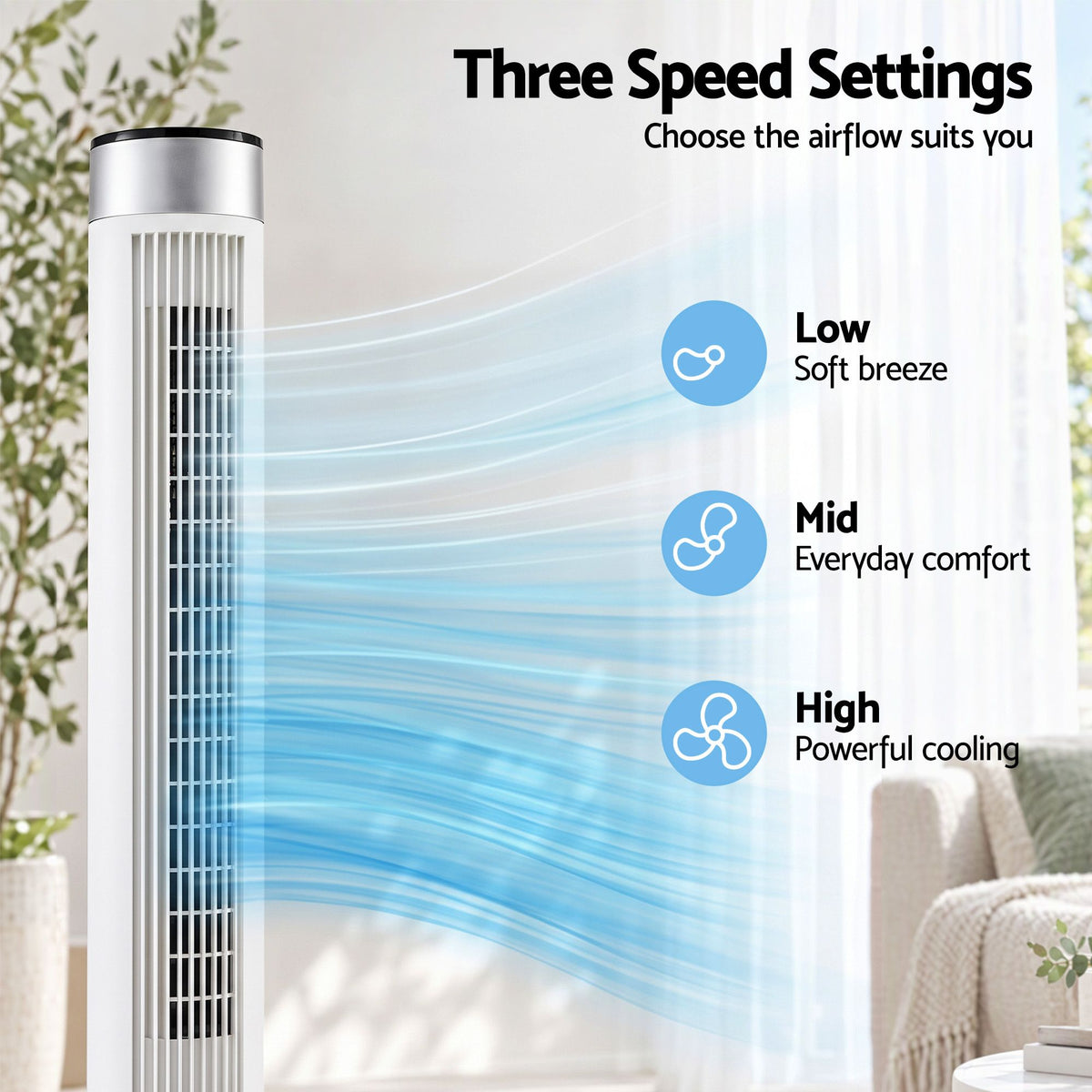 Tower Fan with Remote Control, 3 Speeds, 3 Modes & 7.5h Timer - White - Appliances > Fans > Portable Fans - Rivercity House & Home Co. (ABN 18 642 972 209) - Affordable Modern Furniture Australia