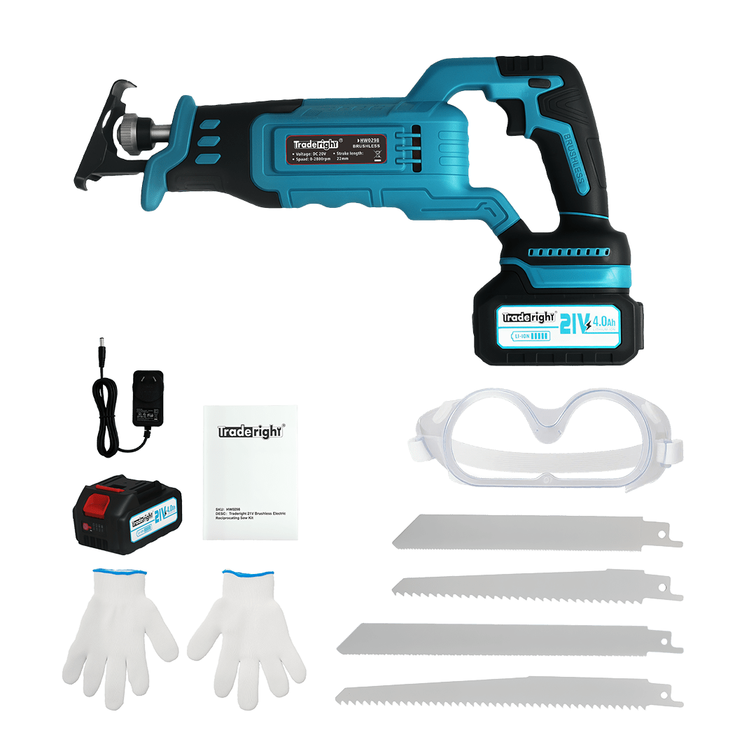 Traderight 21V Brushless Cordless Reciprocating Saw Kit with Batteries and Blades - Blue - Rivercity House & Home Co. (ABN 18 642 972 209) - Affordable Modern Furniture Australia