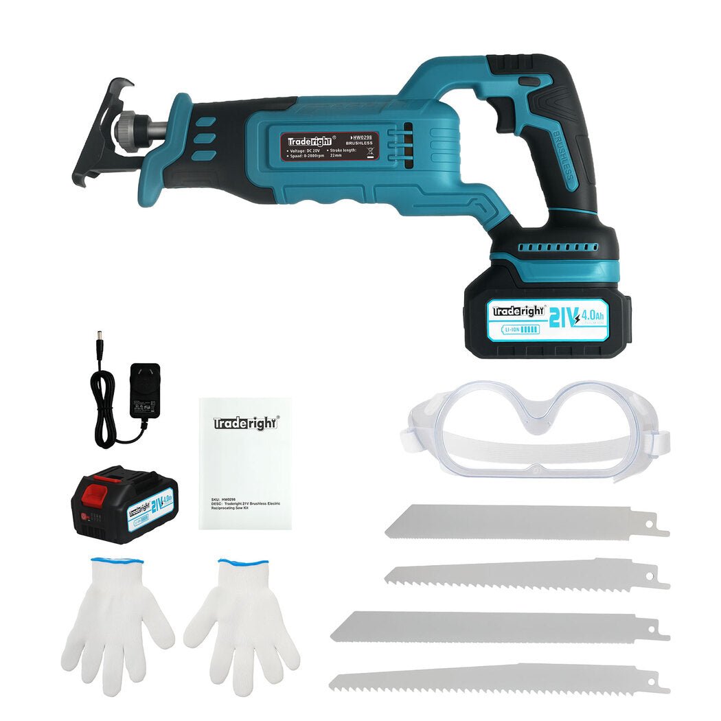 Traderight 21V Brushless Cordless Reciprocating Saw Kit with Batteries and Blades - Blue - Rivercity House & Home Co. (ABN 18 642 972 209) - Affordable Modern Furniture Australia
