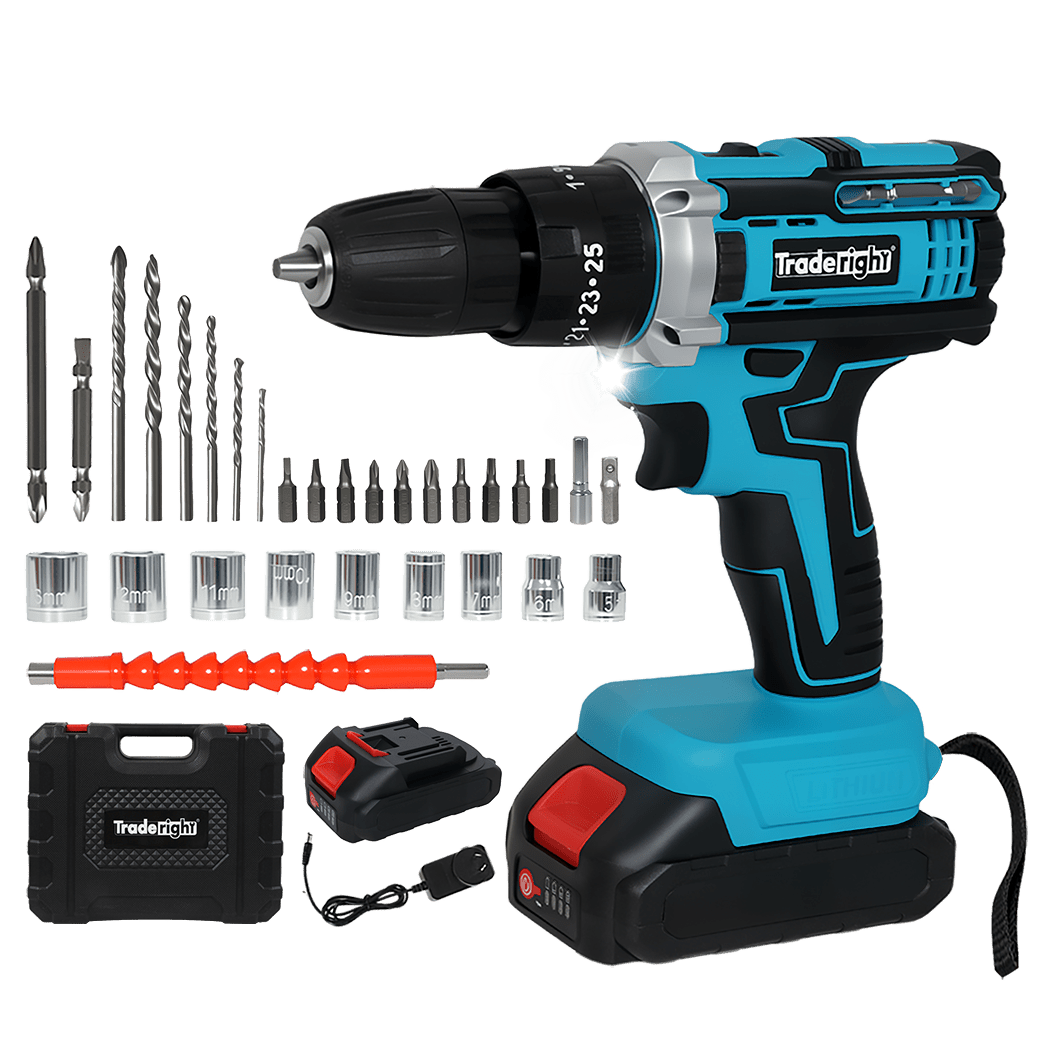 Traderight 21V Cordless Drill Driver Set with 2×2.0Ah Batteries and 30 Accessories - Blue/Black - Rivercity House & Home Co. (ABN 18 642 972 209) - Affordable Modern Furniture Australia