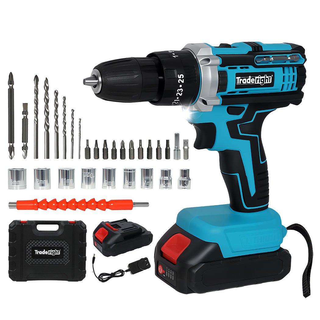 Traderight 21V Cordless Drill Driver Set with 2×2.0Ah Batteries and 30 Accessories - Blue/Black - Rivercity House & Home Co. (ABN 18 642 972 209) - Affordable Modern Furniture Australia