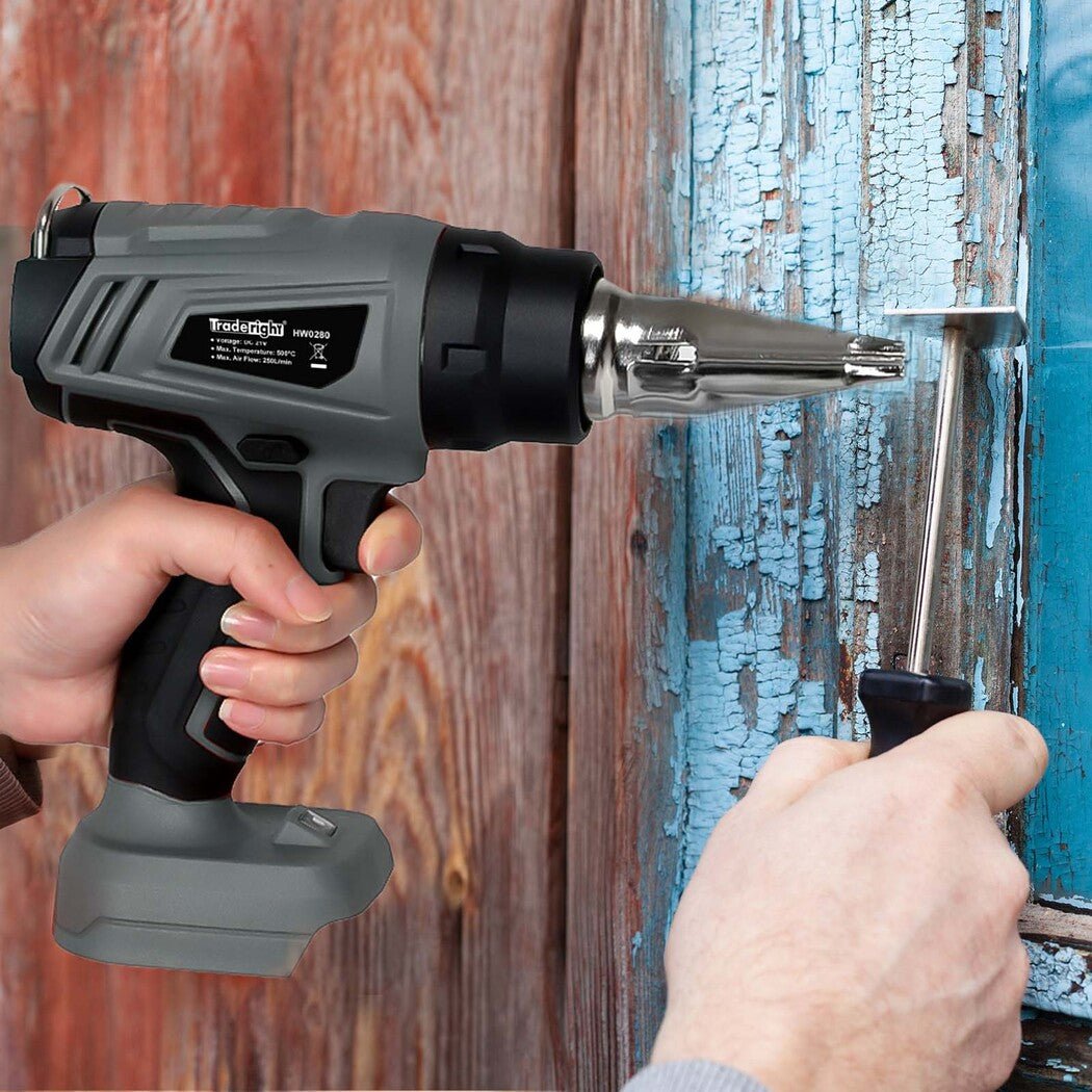 Traderight 21V Cordless Heat Gun Kit 500°C with 5 Nozzles & Scraper - Grey Black - Rivercity House & Home Co. (ABN 18 642 972 209) - Affordable Modern Furniture Australia