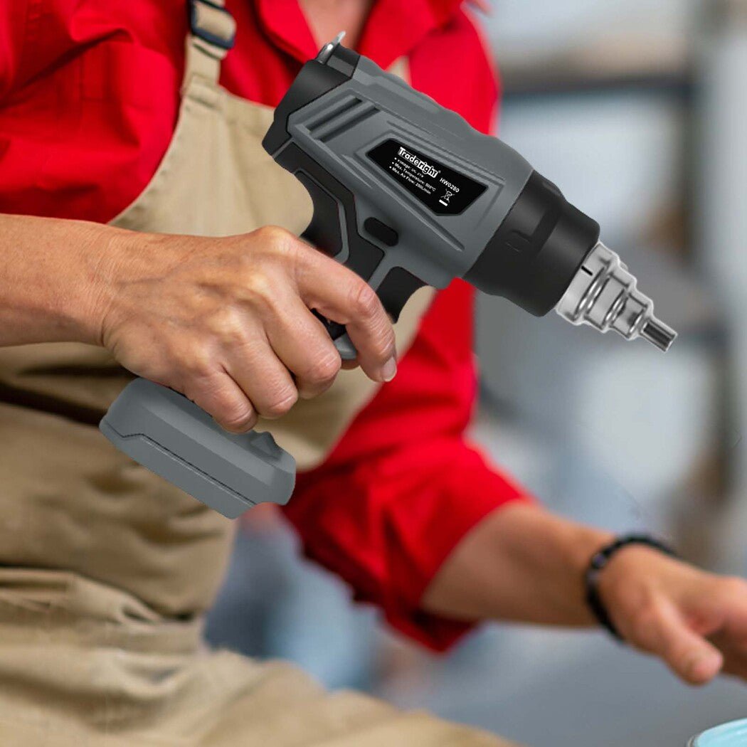 Traderight 21V Cordless Heat Gun Kit 500°C with 5 Nozzles & Scraper - Grey Black - Rivercity House & Home Co. (ABN 18 642 972 209) - Affordable Modern Furniture Australia
