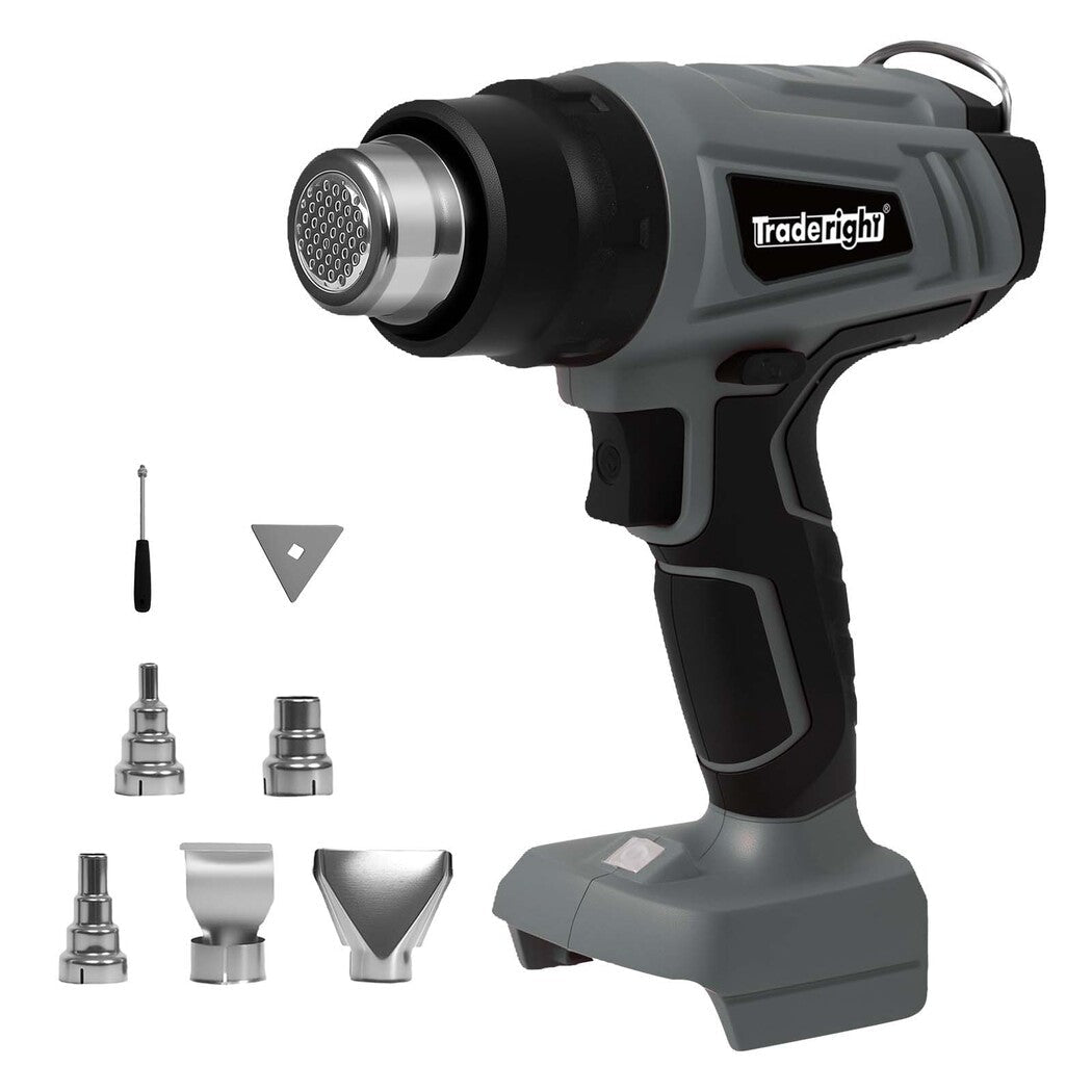 Traderight 21V Cordless Heat Gun Kit 500°C with 5 Nozzles & Scraper - Grey Black - Rivercity House & Home Co. (ABN 18 642 972 209) - Affordable Modern Furniture Australia